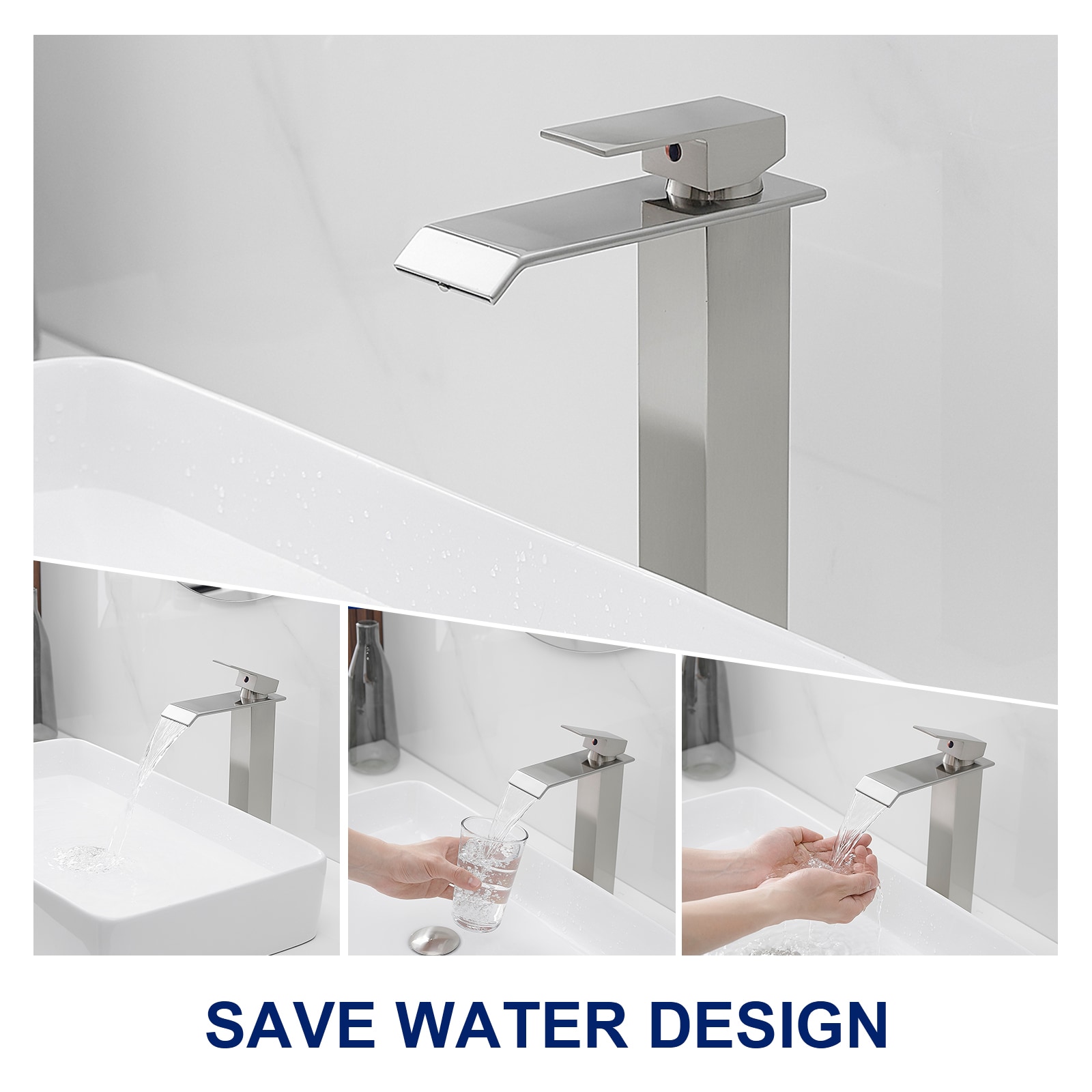 Brushed Nickel Waterfall Vessel Sink Faucet with Pop-Up Drain