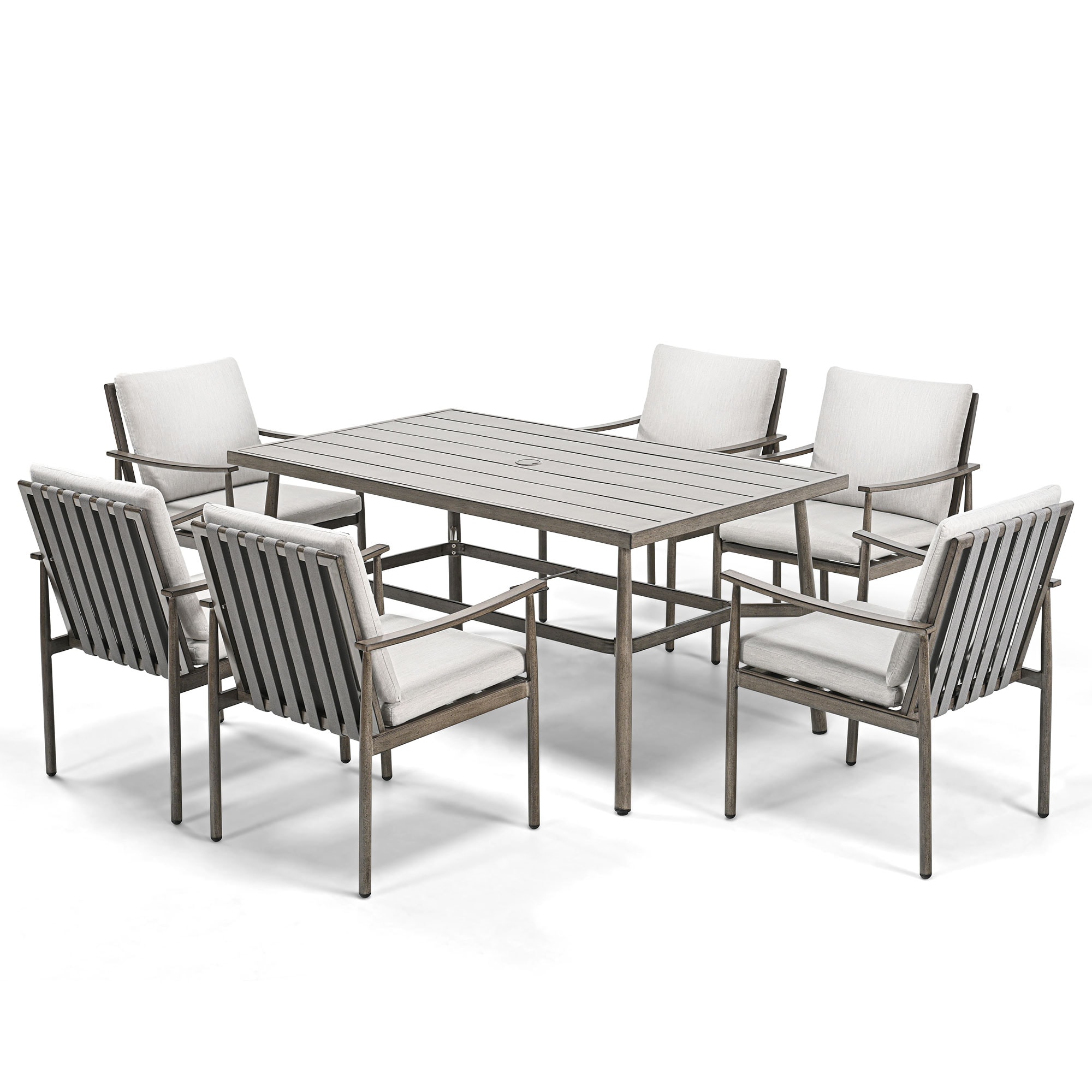  EL-CZ7-GG-B1-WL3 SleekLine Gray Patio Dining Set Aluminum Rectangle Table with 6 Gray Cushions Stationary Chairs