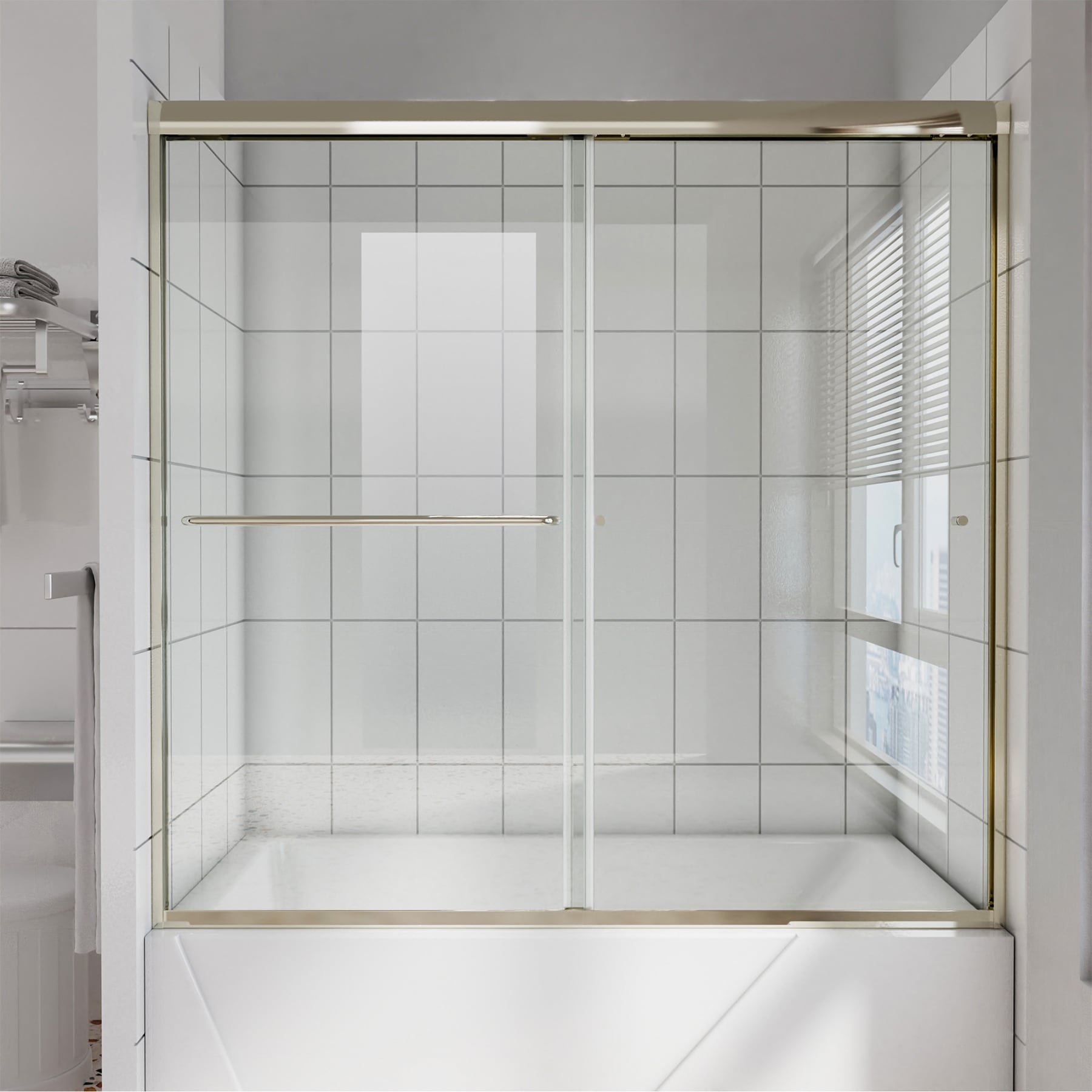 WELLFOR EXSD31-5674BN Ken15 Track Sliding Tub Doors Brushed Nickel 61-in x 58-in Semi-frameless Bypass Sliding Bathtub Door