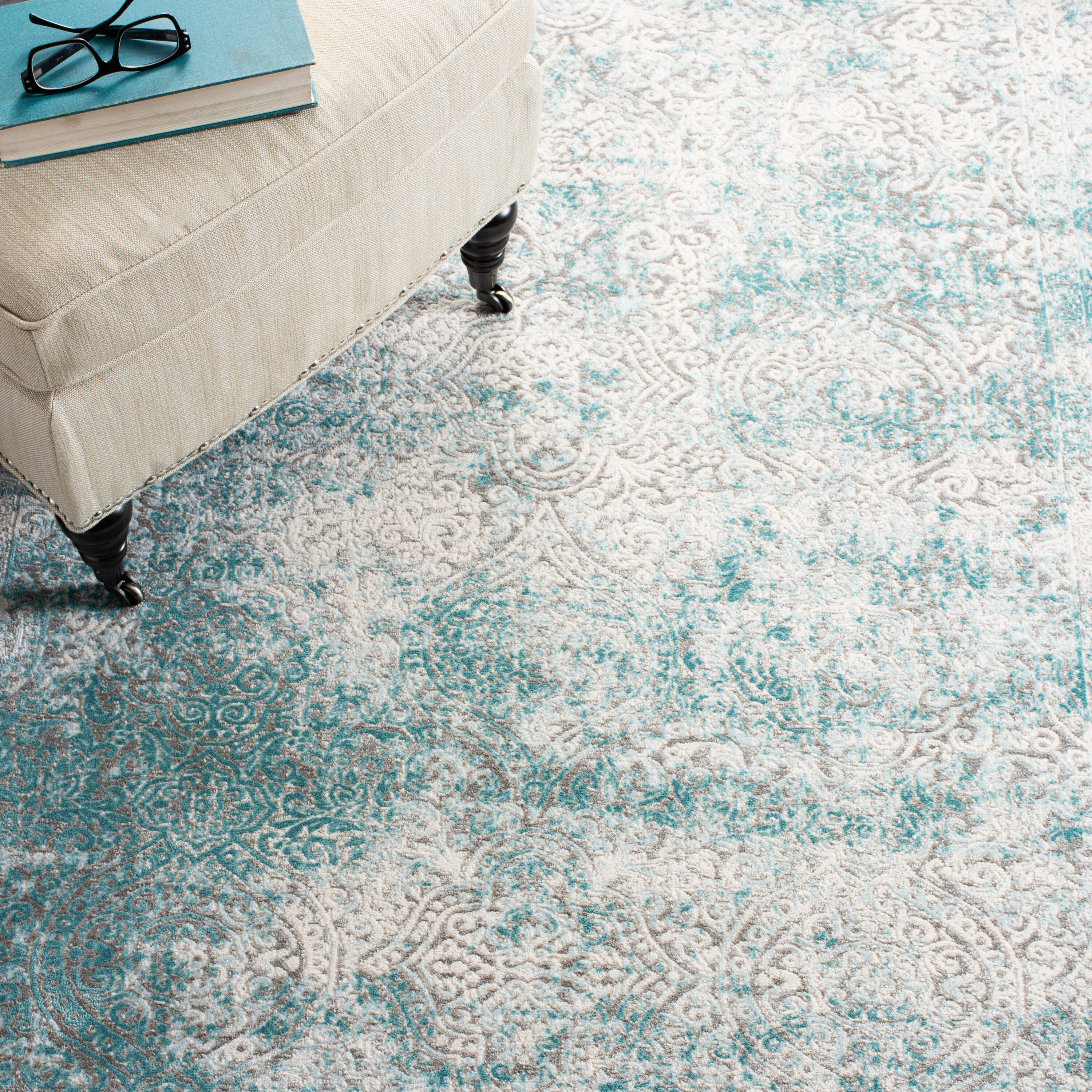 Turquoise and Ivory Synthetic Rectangular Area Rug, 11' x 15'