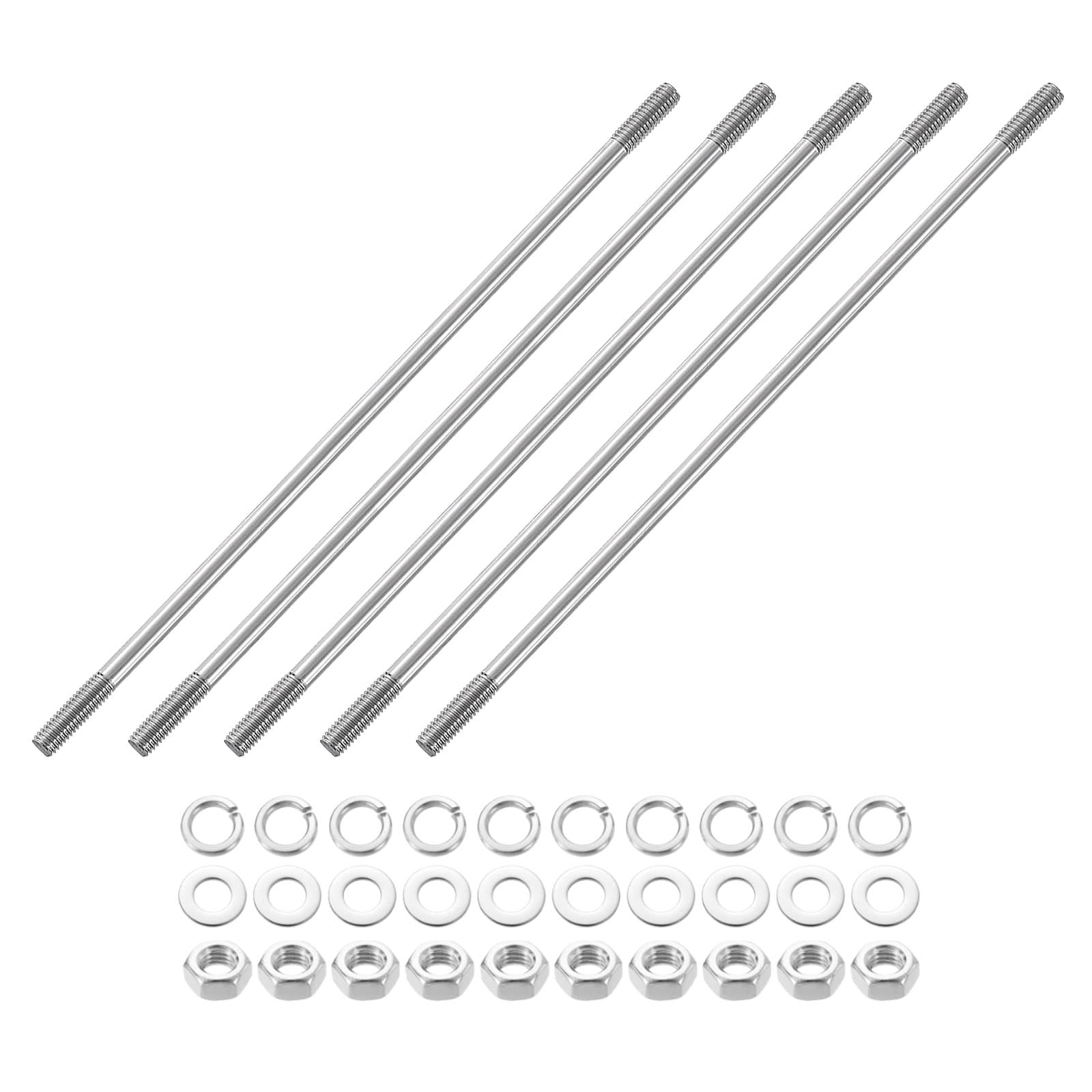 Unique Bargains 5pcs Double Ended Stud Screws M6x200mm 304 Stainless Steel Dual Threaded Rod Bolts with Nuts and Flat and Lock Washers Double End Threaded Stud Screw Bolt for House Maintenance