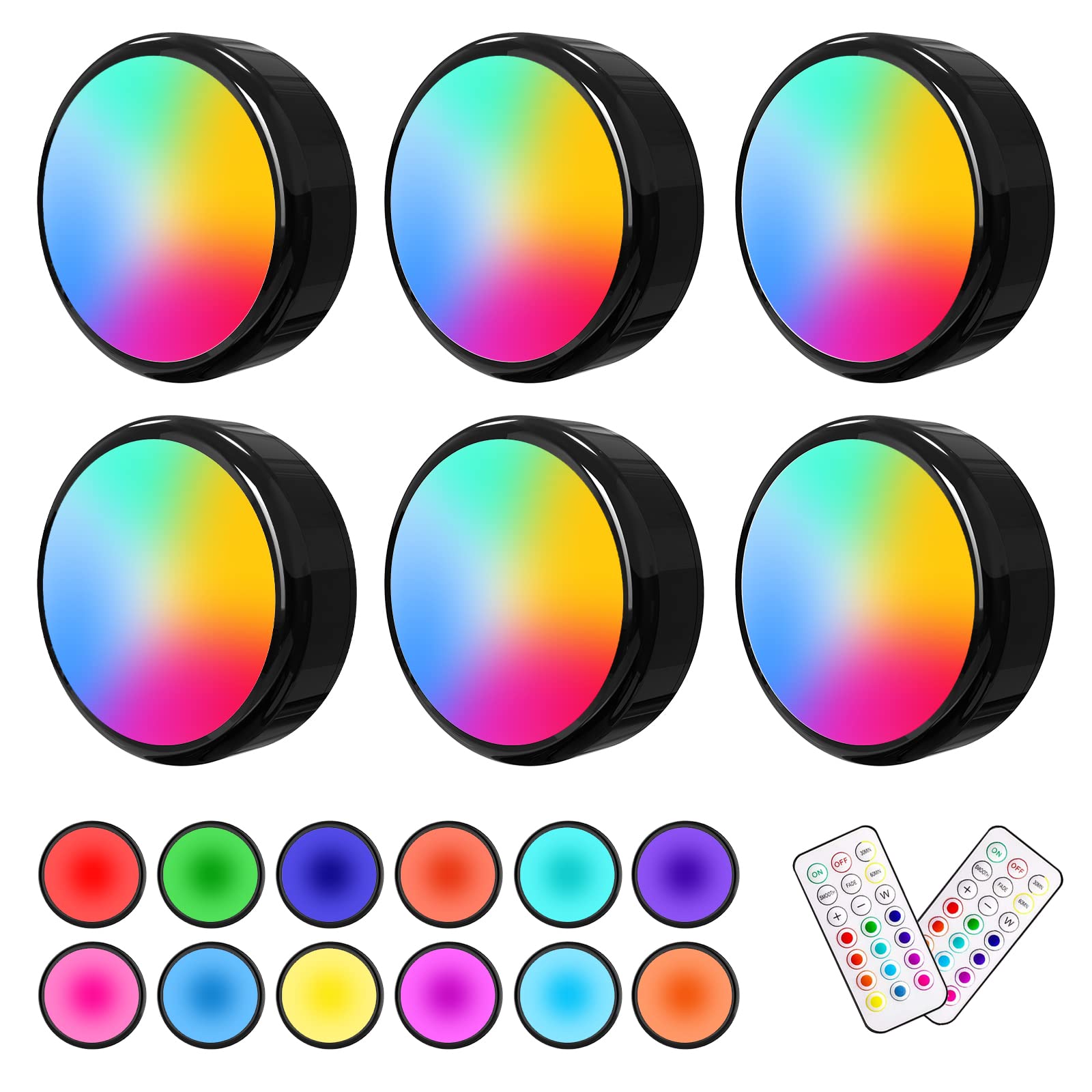 IUEST  LED Puck Lights with Remote 6 Pack Under Cabinet Lighting power cell Operated Push Light Dimmable Color Changing Tap Lights Stick On Shiny