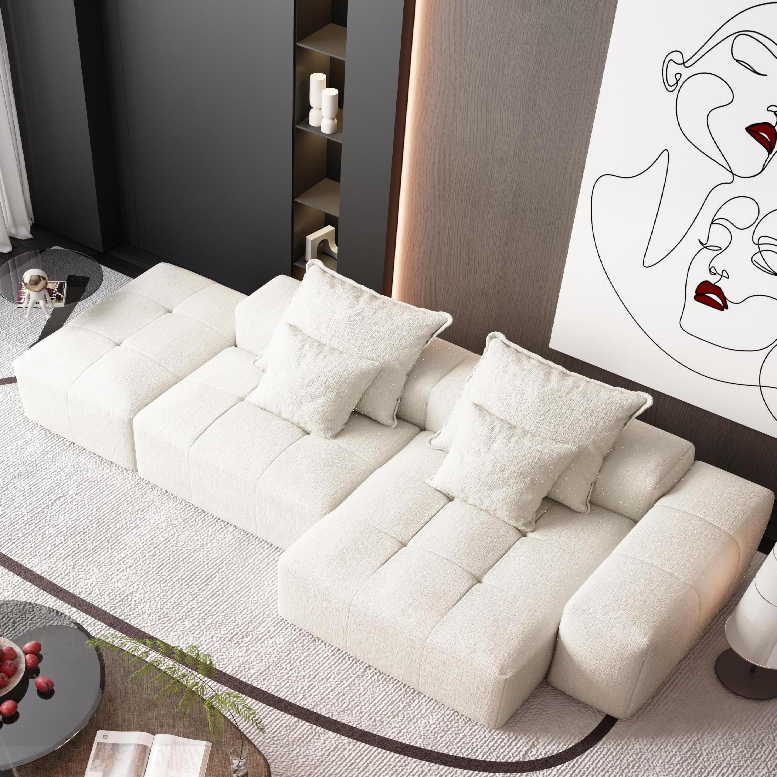 Homy Casa HJCSQJ-BG HJCSQJ 128 in.Chenille 4-Seat Modular Tufted Sectional Sofa with DIY Layout and No-Assembly Design in Ivory White