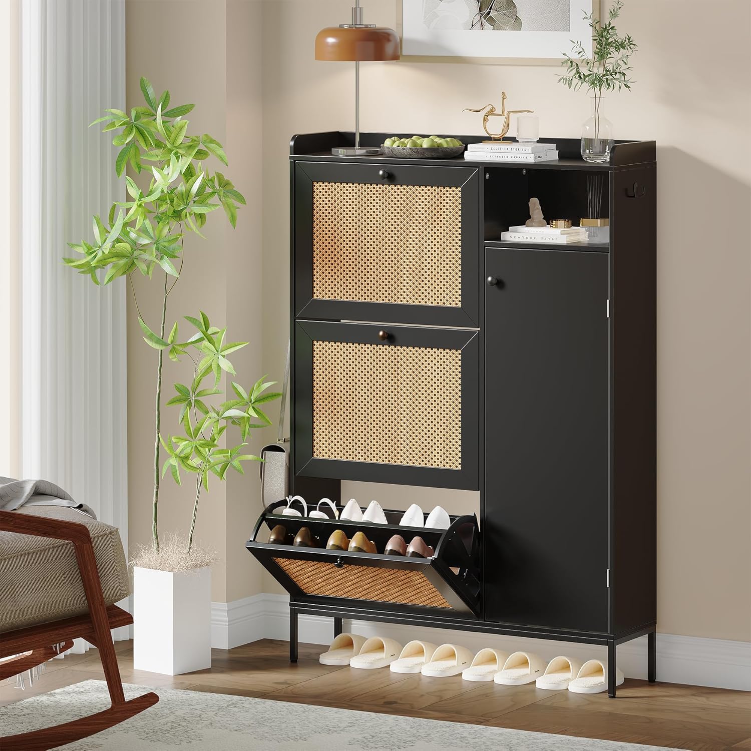 Qeetex LHF-DYQ-PHO-150WLVF9 GAOMON Rattan Shoe Cabinet for Entryway Hidden Wood Shoe Rack Storage with 3 Flip Drawers  Narrow Freestanding Shoe Organizer Cabinet for Hallway Easy Assembly