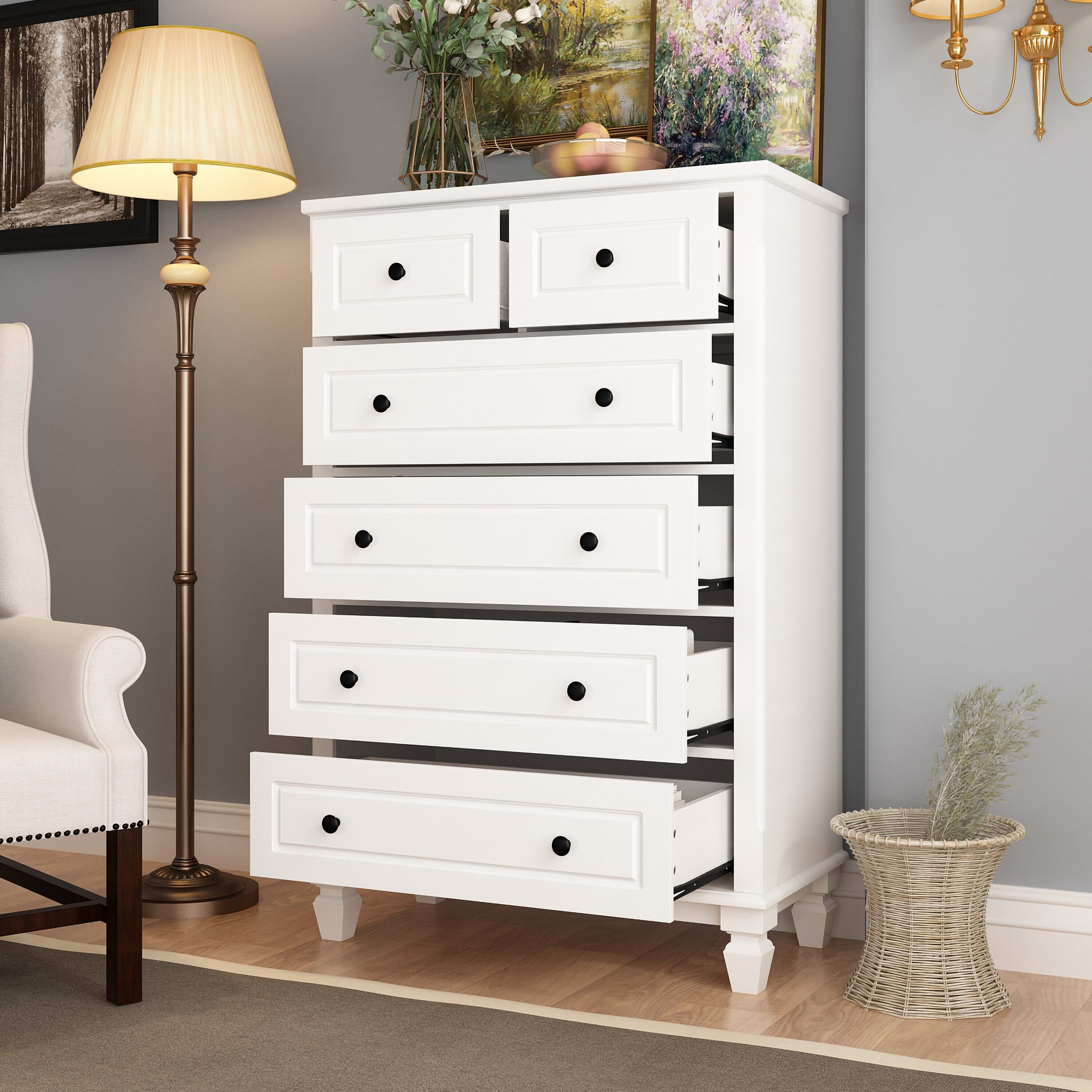 FUFU&GAGA Contemporary White 6-Drawer Chest with Sturdy Legs and Metal ...