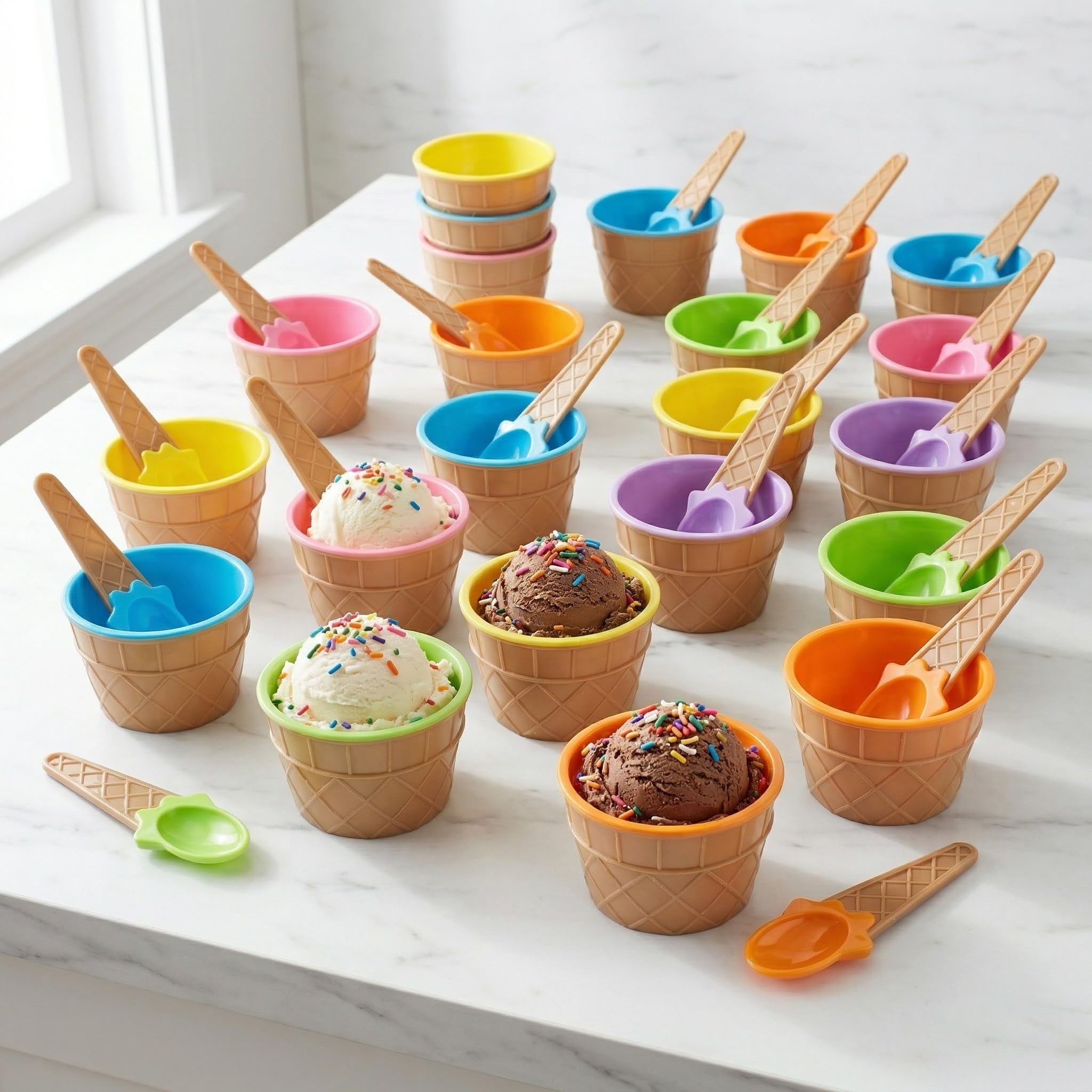 Aoibox  24 Pack Reusable Plastic Ice Cream Dessert Cups with Spoons 3 8 in Diameter 6 Colorful Cartoon Candy