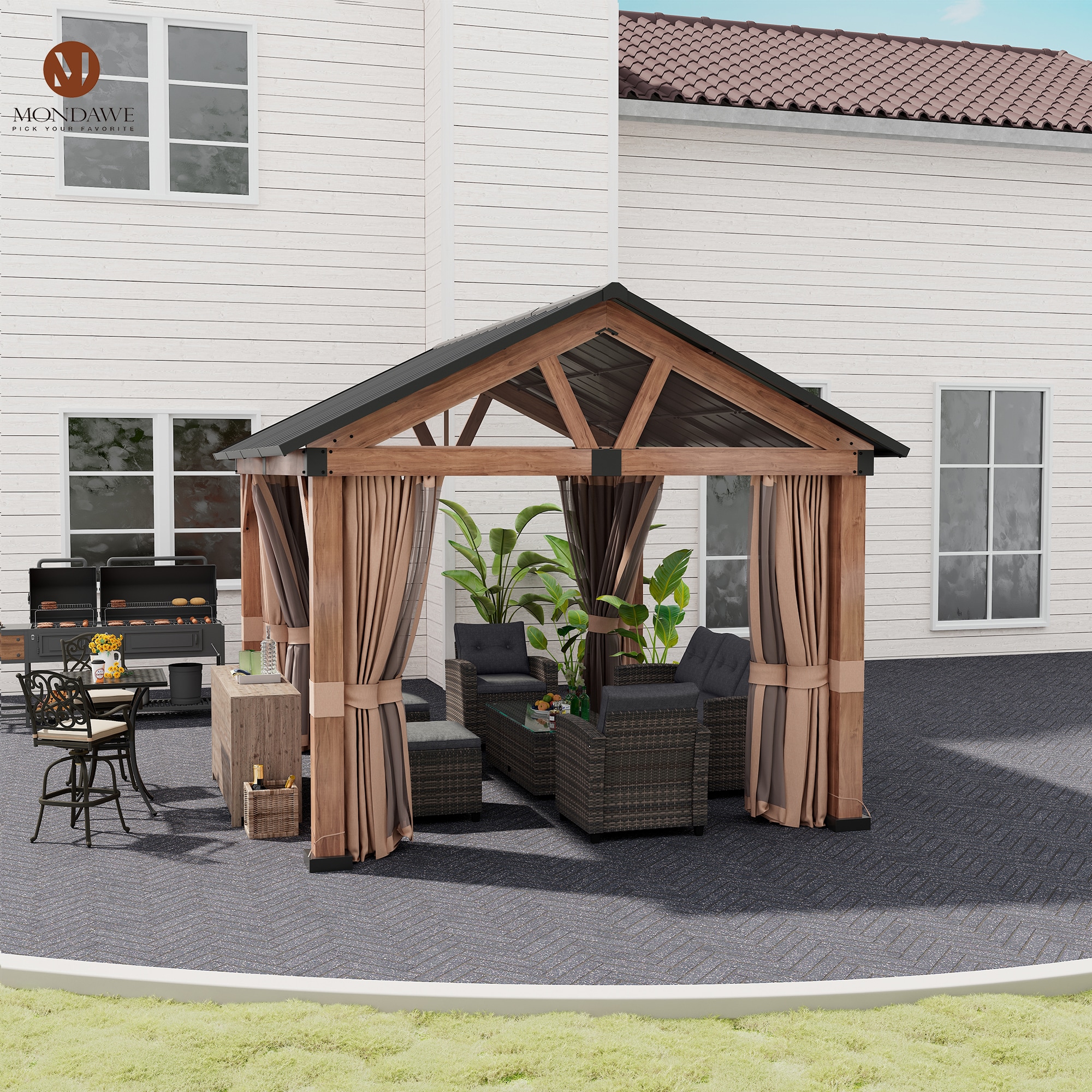11' x 13' Brown Aluminum Patio Gazebo with Black Roof