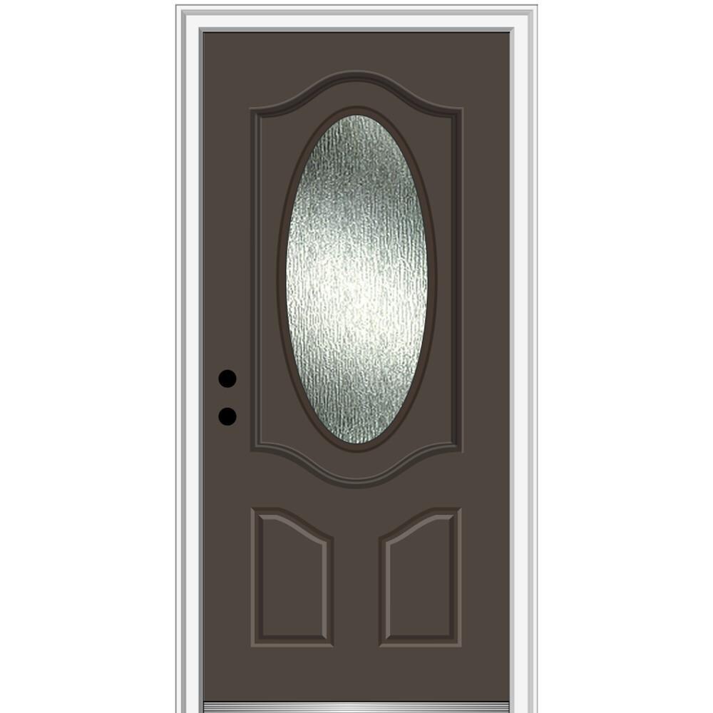 MMI DOOR ZZ367812R Rainglass 36-in x 80-in Fiberglass Oval Lite Right-Hand Inswing Brown Painted Prehung Front Door with Brickmould Solid Core