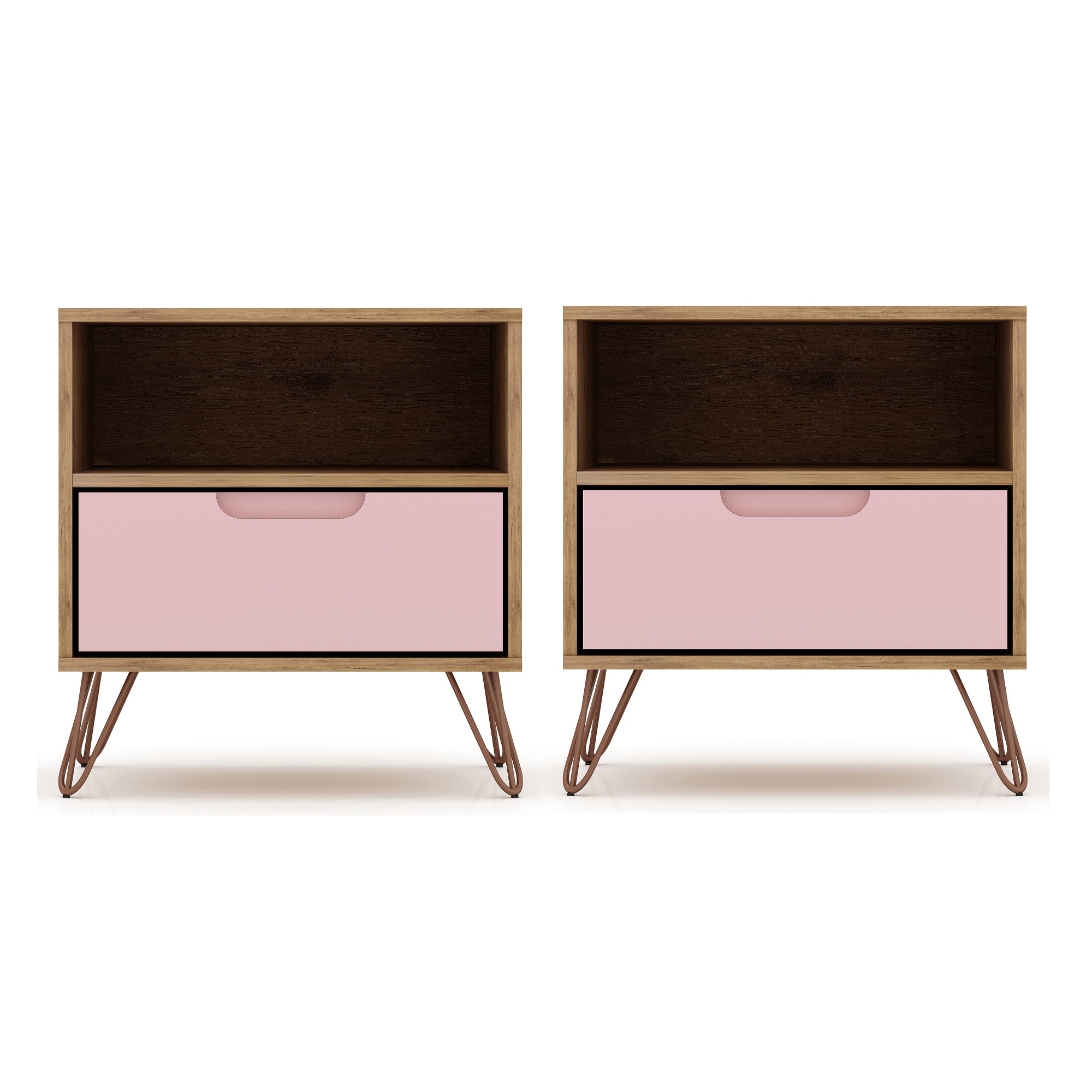 Mid-Century Rose Pink & Natural Nightstand with Metal Legs
