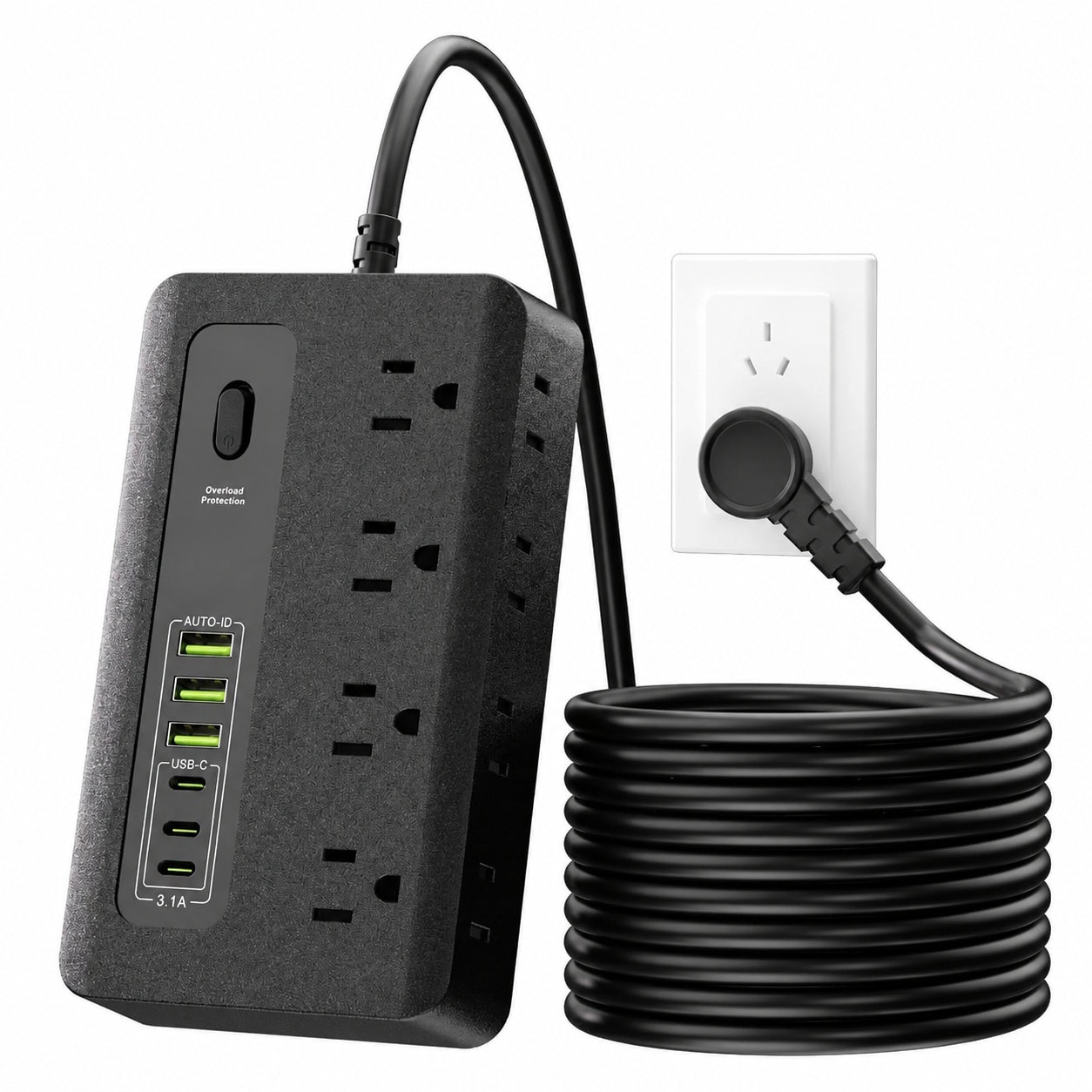 Ahfiwaso  Power Strip with USB 6ft Surge Protector Flat Plug Extension Cord with 8 Outlets 3 USB Ports and 3 Type-C Ends for Home Office Use Black