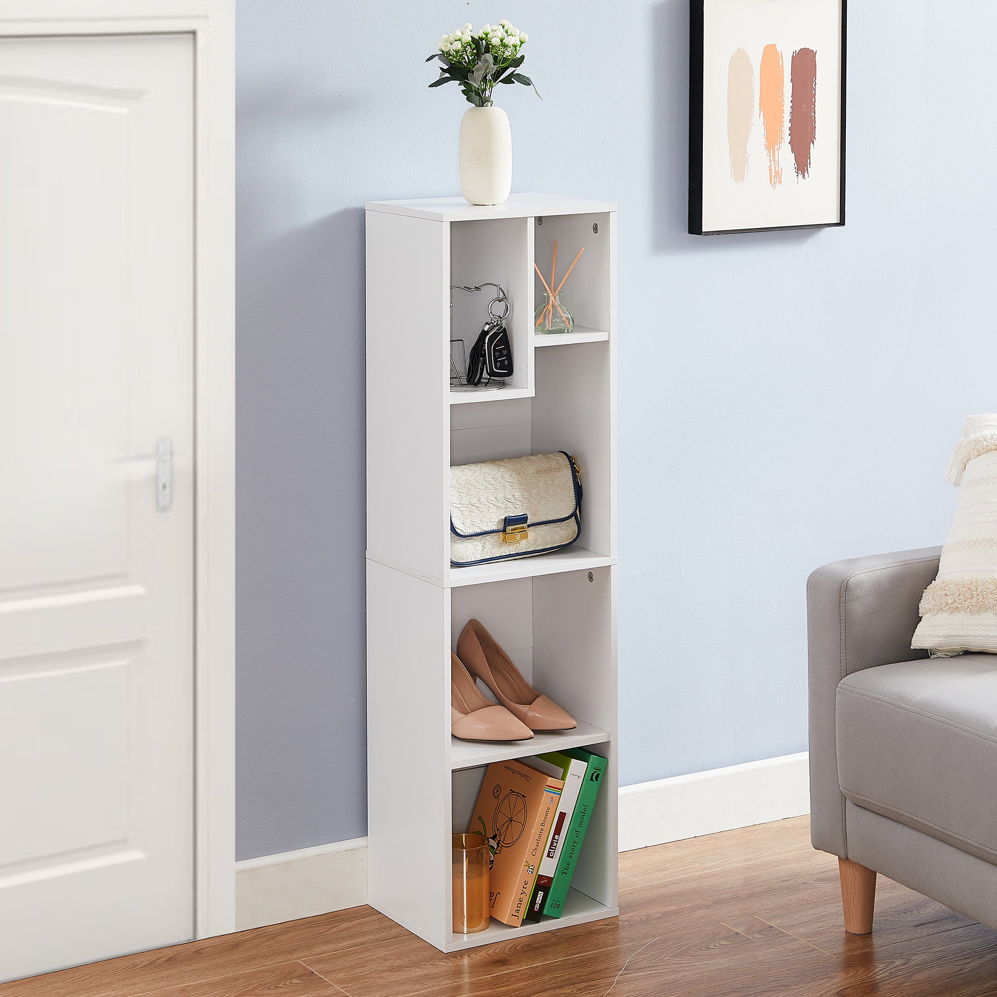 Vecelo LOE-B08-WHT 5 Cube Open Bookcase 4 Tier Small Bookshelf Storage Organizer for Home Office Living Room White