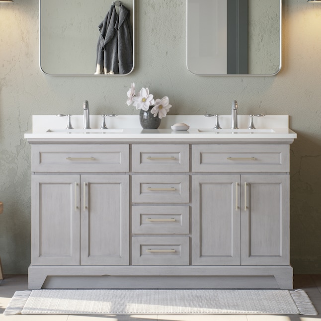Allen Roth Felix 60 In Vintage Gray, 60 In White Double Sink Bathroom Vanity With Engineered Stone Top