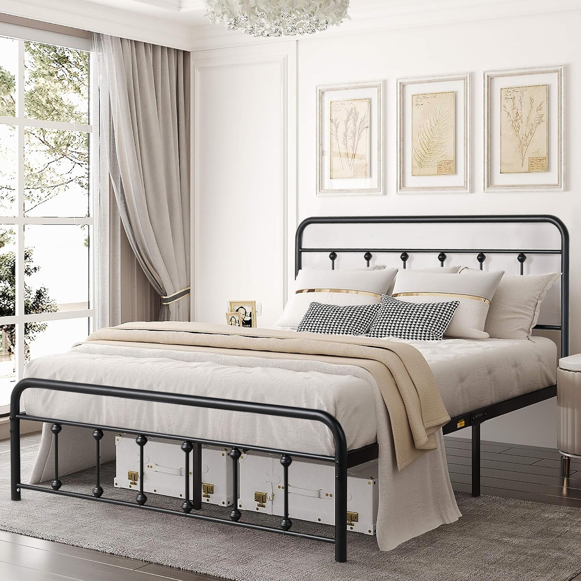 Vecelo - Black Metal Bed Frame Queen Size with Vintage Headboard and Footboard Premium Stable Ste...