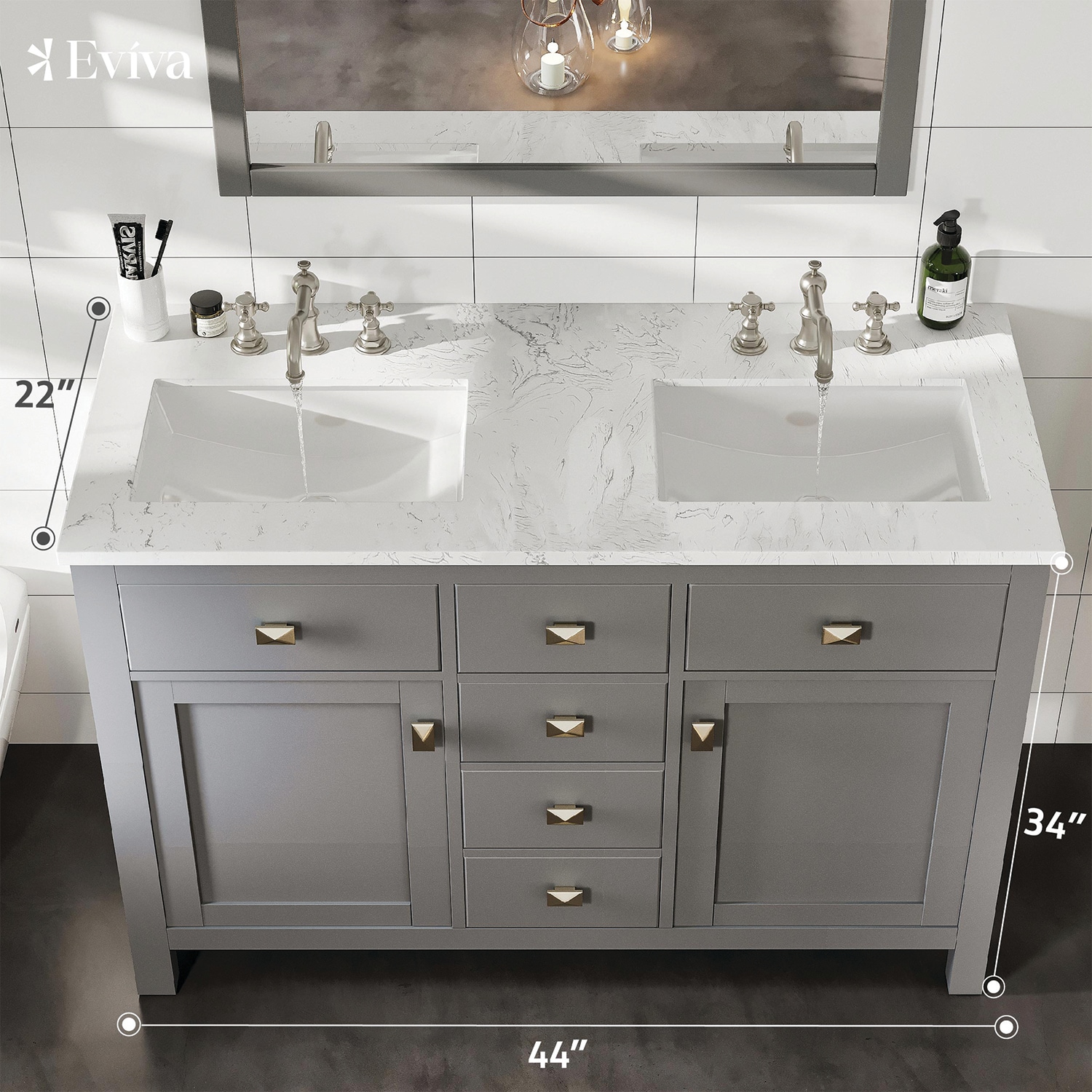 eviva 44-in gray undermount double sink bathroom vanity with white
