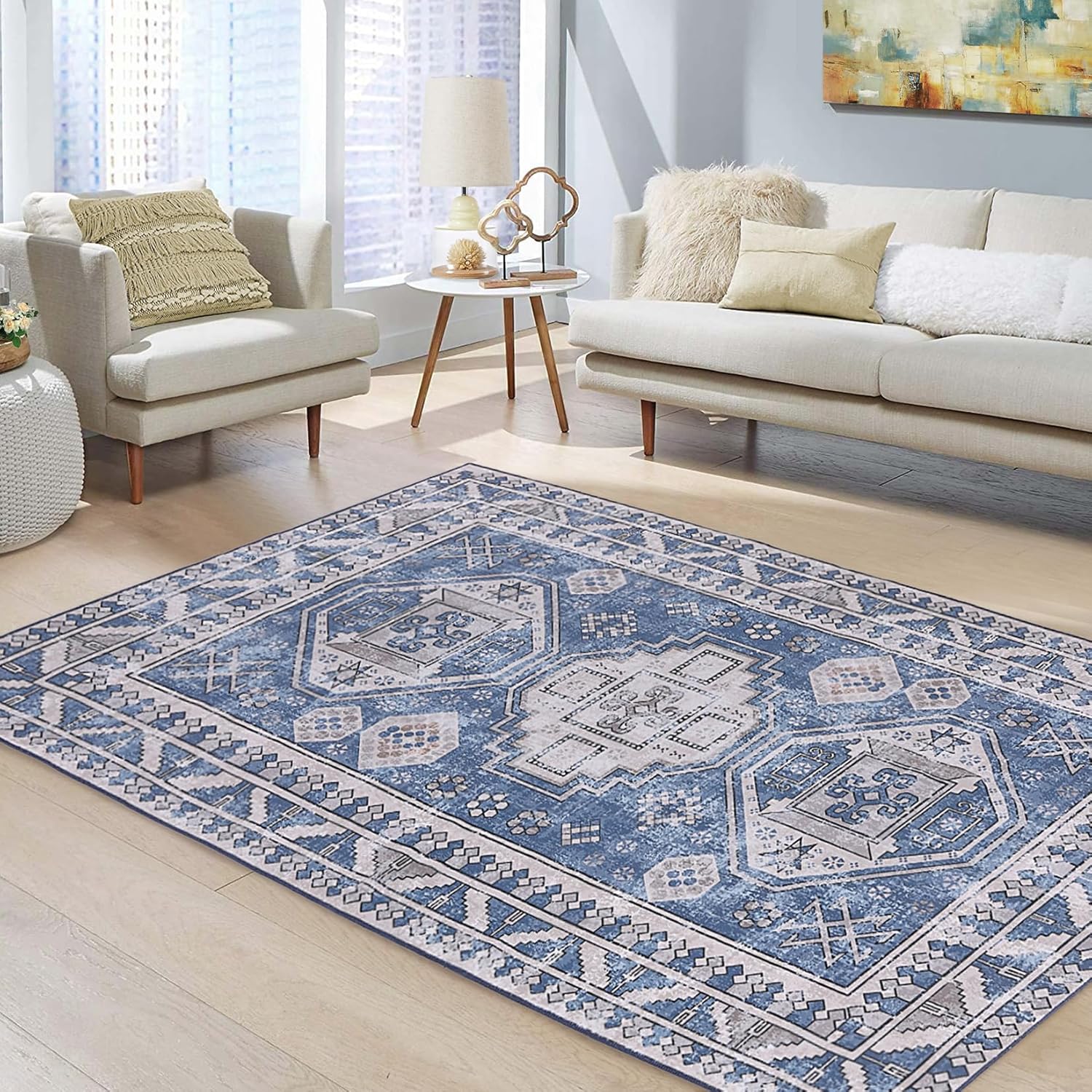 Qeetex LXL-PHO-0U0OPP7G Living Room Rugs Washable Rug Oriental Floral Distressed Carpet Vintage Rug Non-Slip Backing Low Pile Thin Rug Large Indoor Floor Carpet for Bedroom Dining Room Office Dorm Blue
