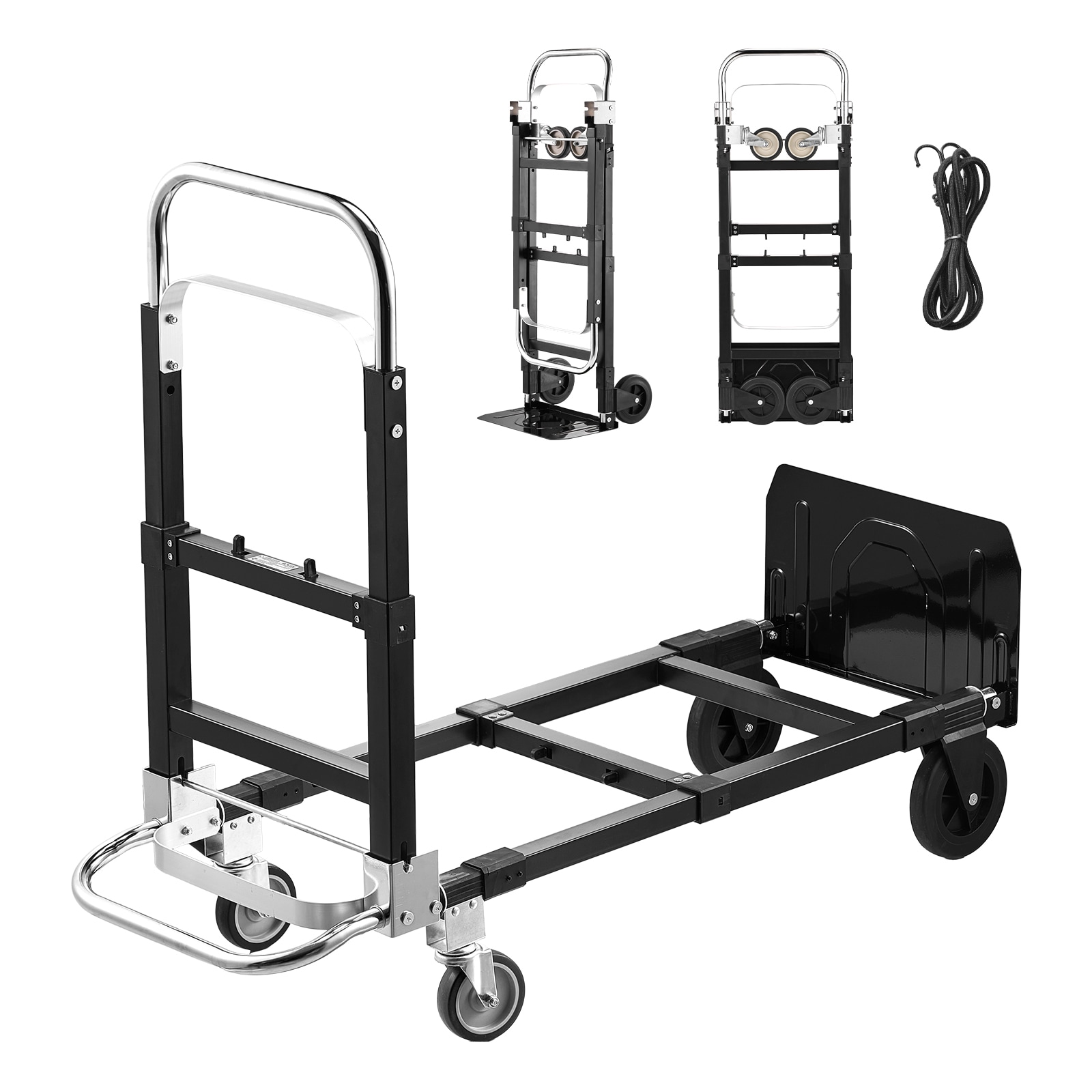 JUSHUA 2 in 1 Folding Hand Truck 500 lbs Load Capacity for 4-Wheel Mode Convertible Hand Truck Dolly with Wheels and Adjustable Handle Portable Trolley Dolly for Moving Home Office Warehouse