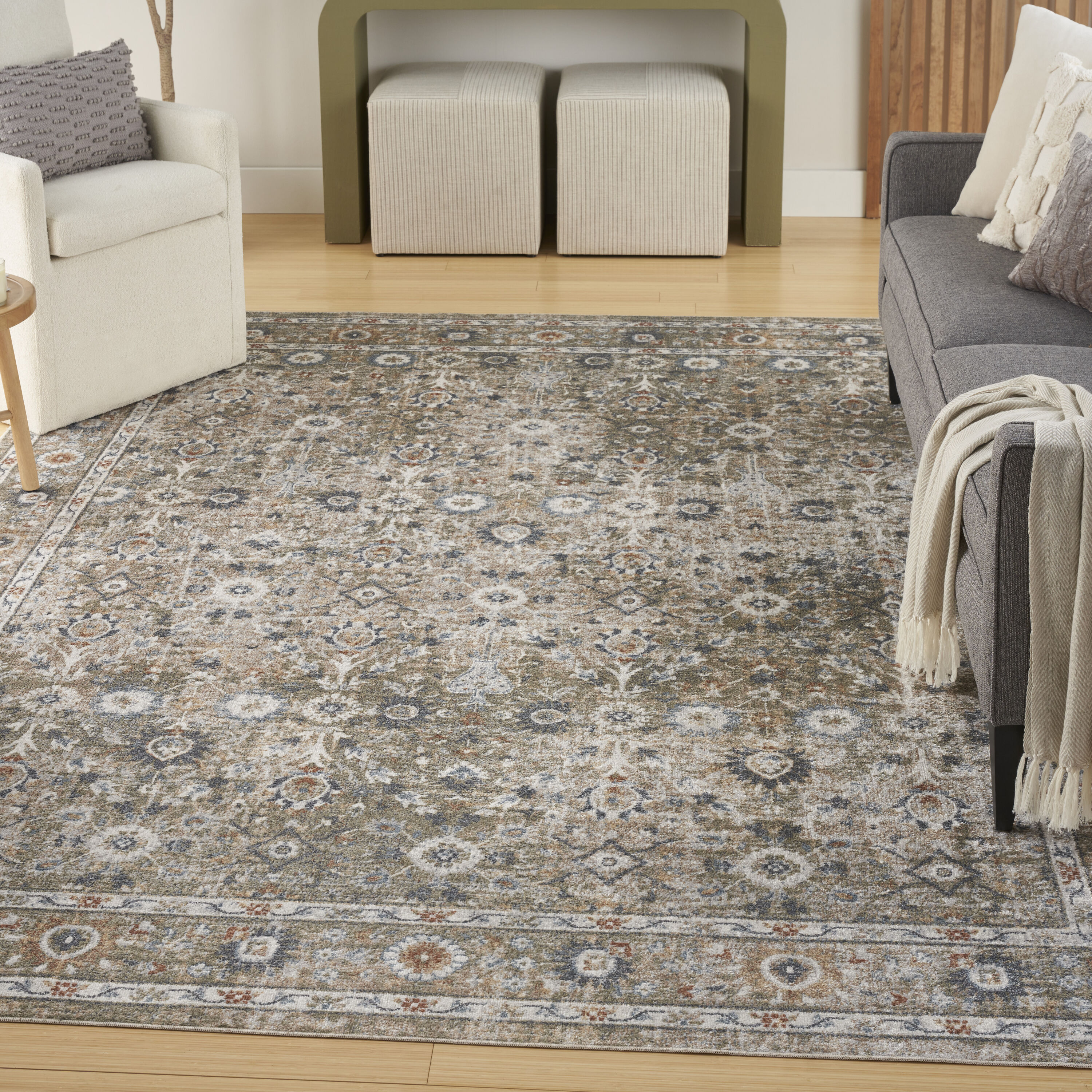 Nourison Home 099446977991 Astra Machine Washable 8 x 10 (ft) Loomed Polyester Gold Grey Rectangular Indoor Medallion Persian Machine washable Area rug