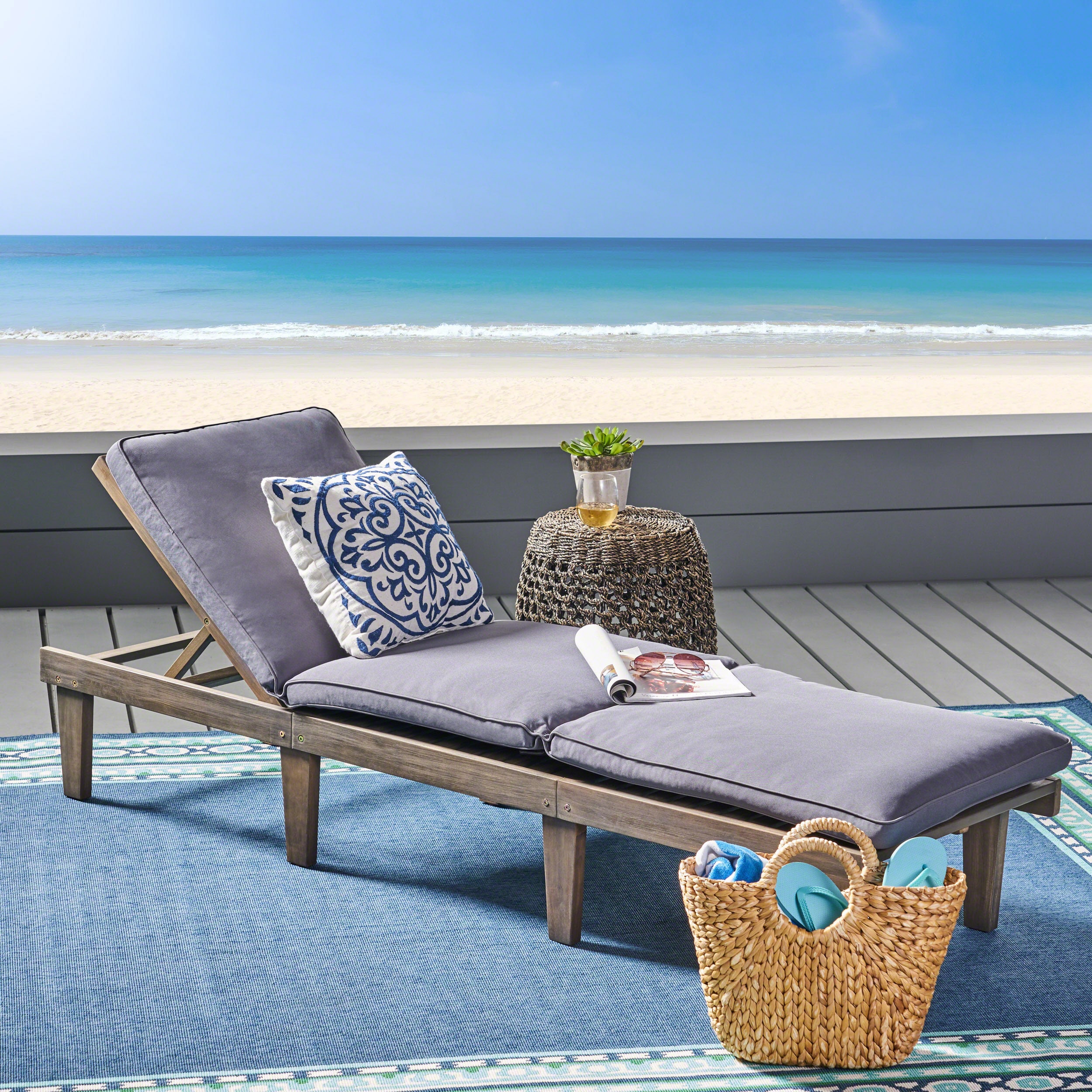 AAZJ JCF-57523GRY Patio Chairs Natural Wood Wood Frame Stationary Chaise Lounge Chair with Gray Cushioned Seat