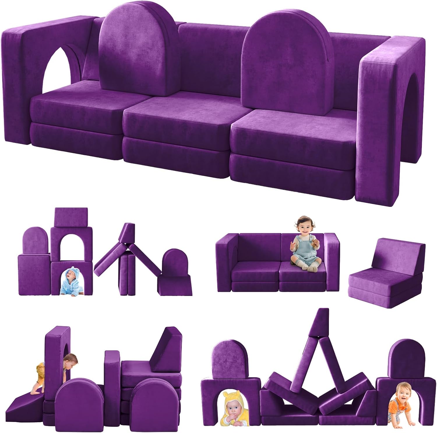 Qeetex CCPHK-33CE5XTY Modular Kids Play Couch 13PCS Multifunctional Toddler Sofa 13 in 1 Convertible for Playing Sleeping Purple