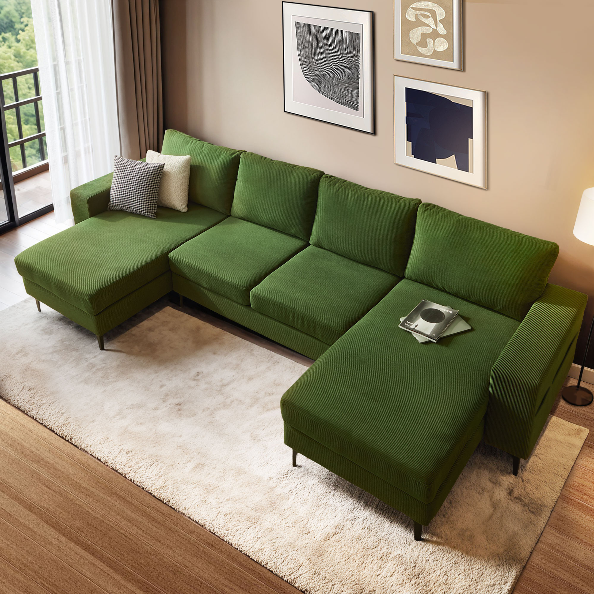 Pouuin SKIKI-660 125.98-in Modern Dark Green Corduroy 4 -seater Sofa