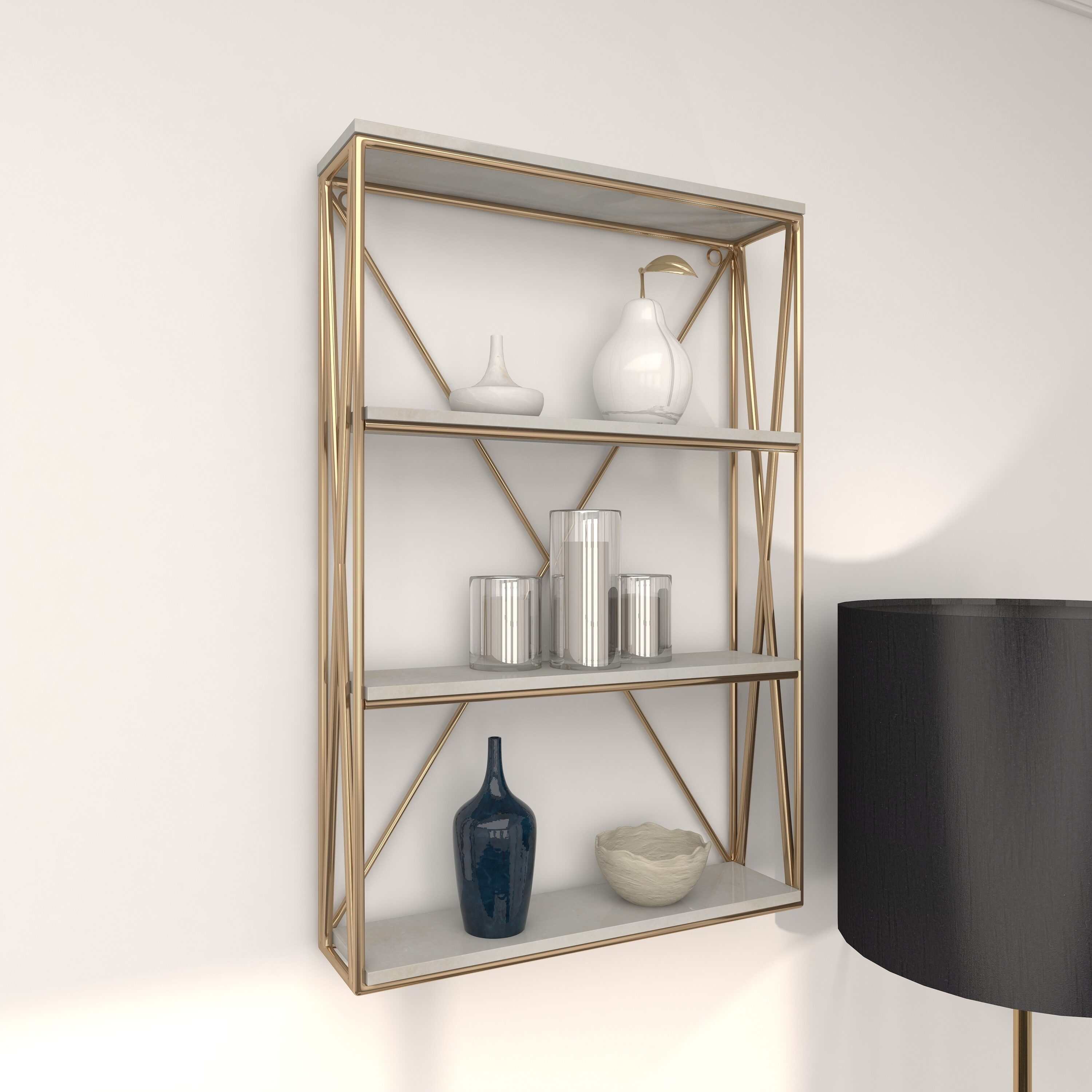 Metal and Wood 3-Tier Wall Shelf - Gold