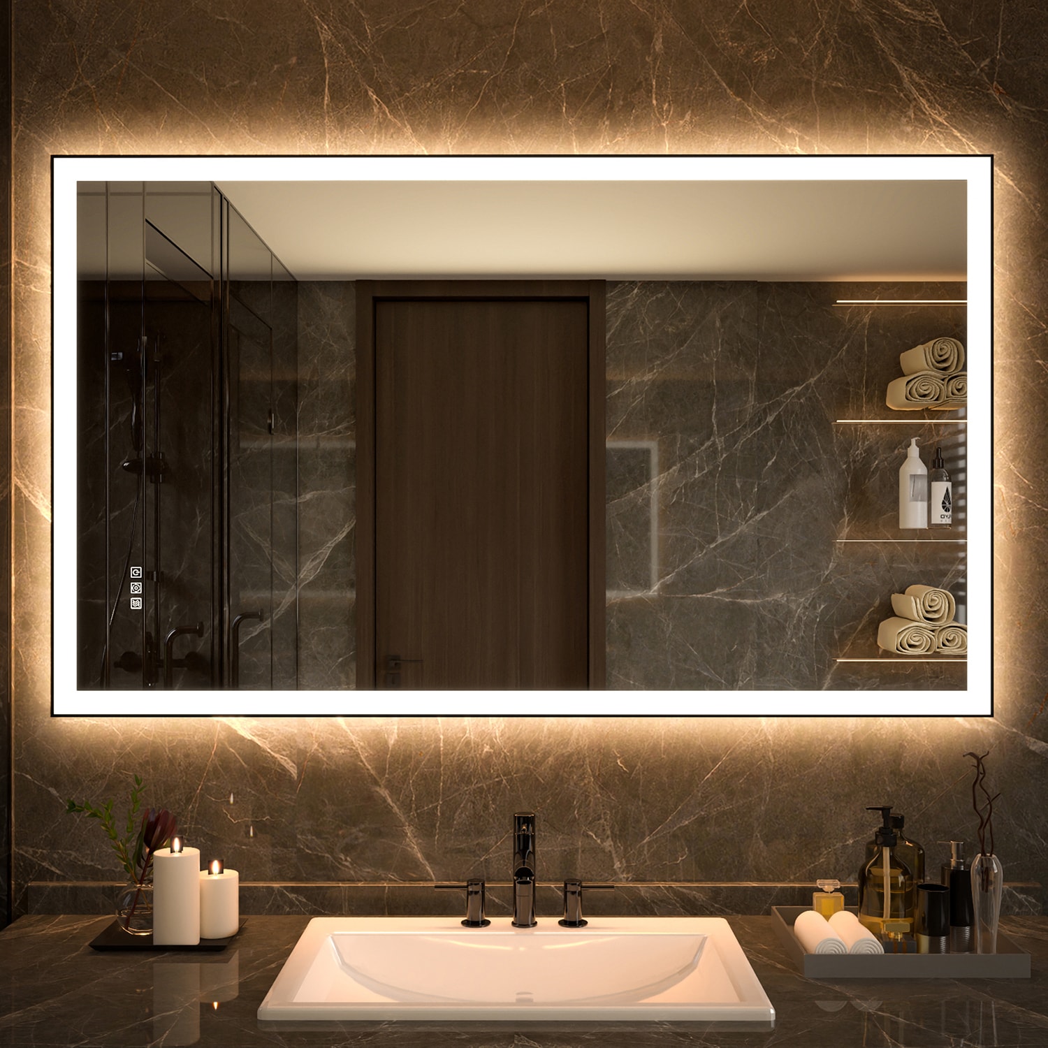 ExBrite KMBM6028BL Zentro 60-in x 36-in Framed Rectangle Dimmable LED Lighted Fog Free Bathroom Vanity Mirror ( Matte Black )