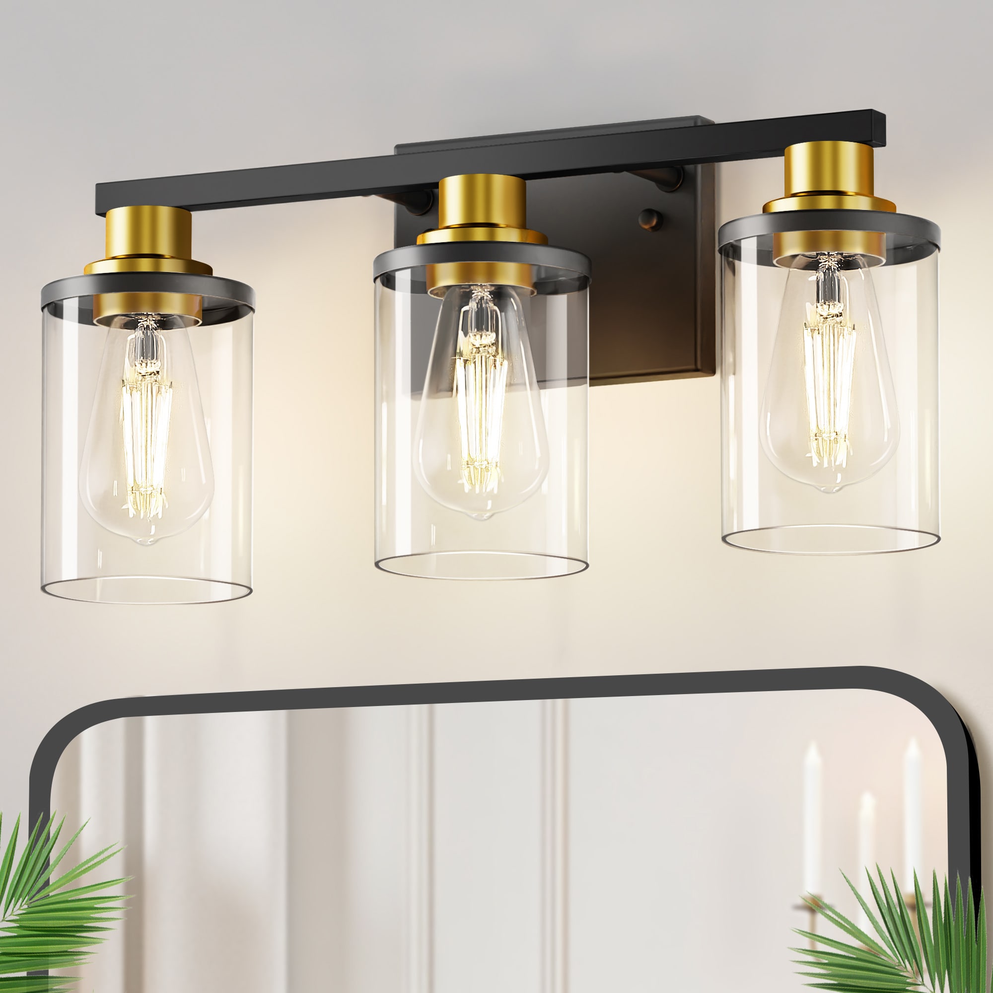 DORESshop LSC-ZY-JQ31802CGB 3 Light Black and Gold Vanity Light with Clear Tube Glass Shades and Square Backplate for Bathroom Mirror E26 Base