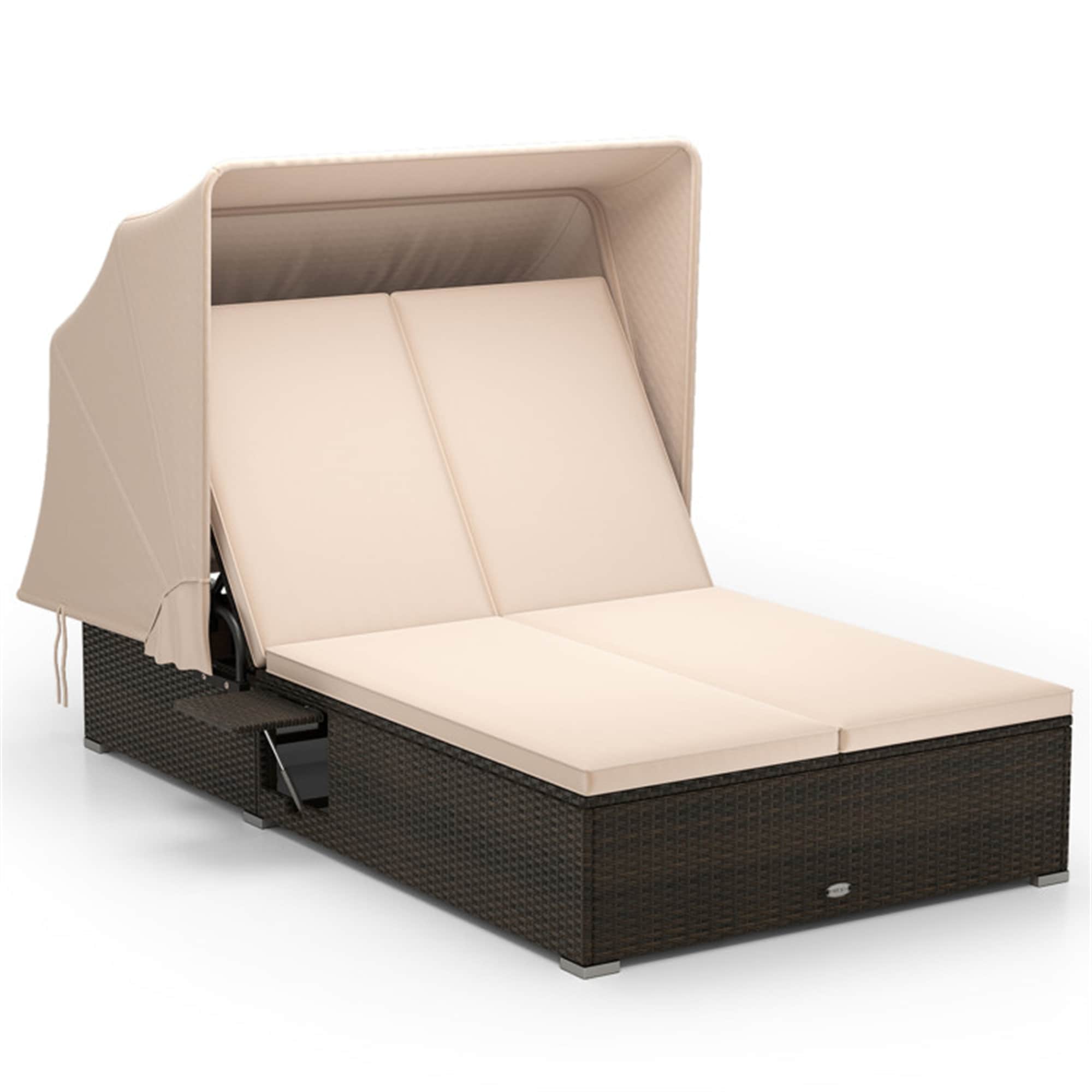BABOOM BOM-72825BN-CO Patio Double Chaise Lounge Rattan Outdoor Daybed with Off-white Cushions and Steel Frame