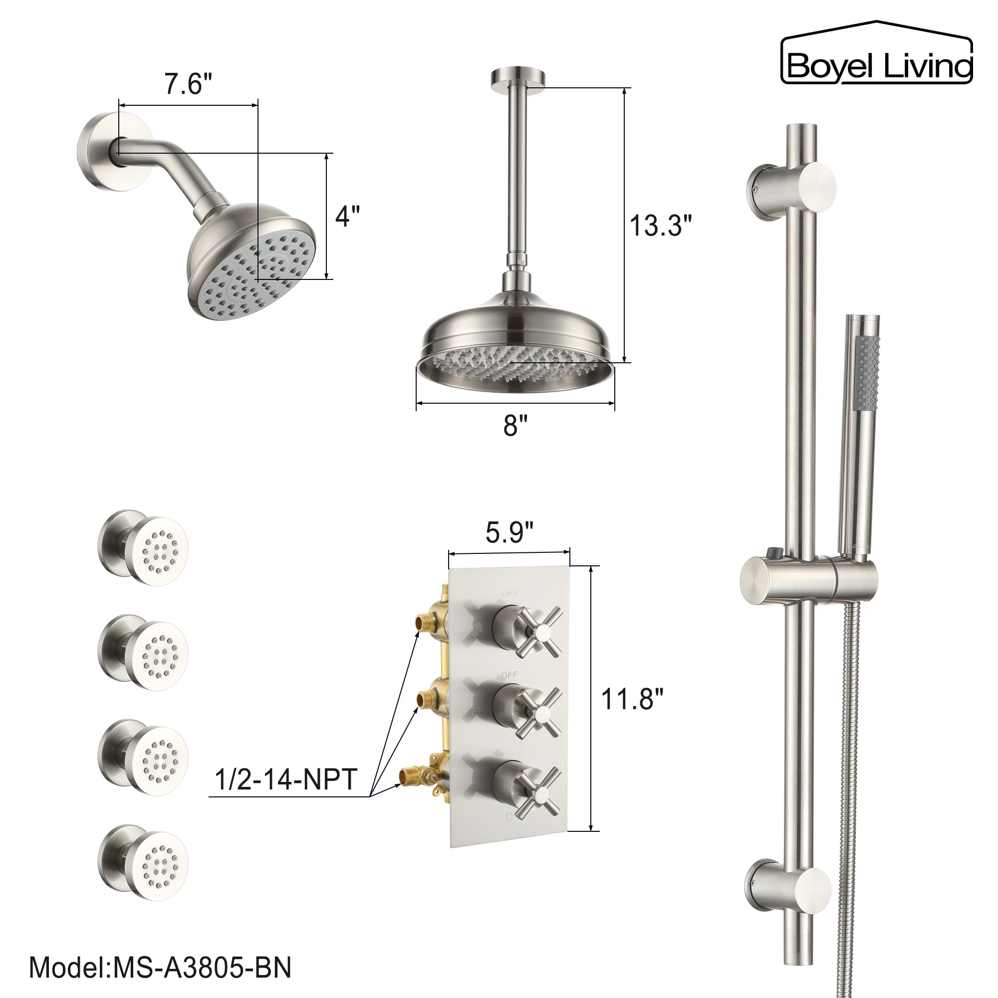 Clihome Brushed Nickel 8-in Dual Head Shower Faucet Bar System with 2 ...