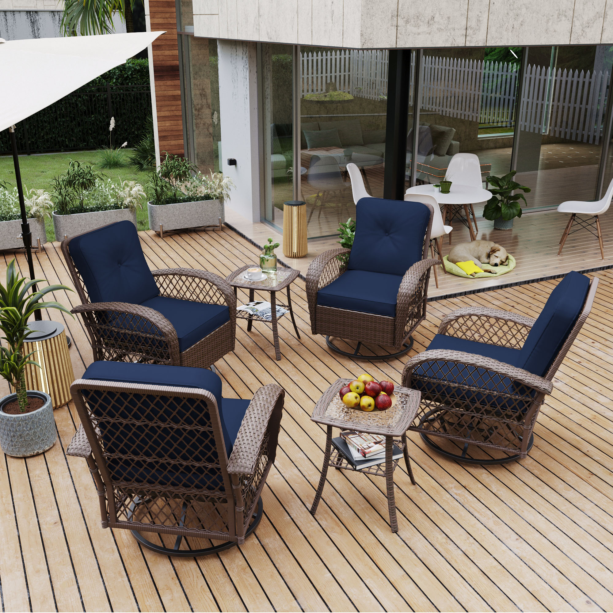 UPHA PL-Y9-6PC-Z2 Patio wicker rocking chairs Set of 4 Wicker Brown Wicker Frame Swivel rocker Rocking Chair with Navy Cushioned Seat