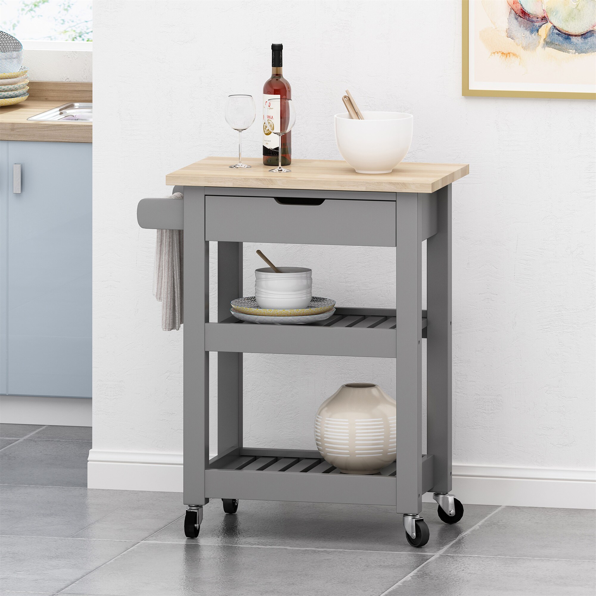 BABOOM BOM-67753GRY-OR Gray Composite Base with Wood Wood Top Rolling Kitchen Cart ( 15.75-in x 25.5-in x 33.75-in )