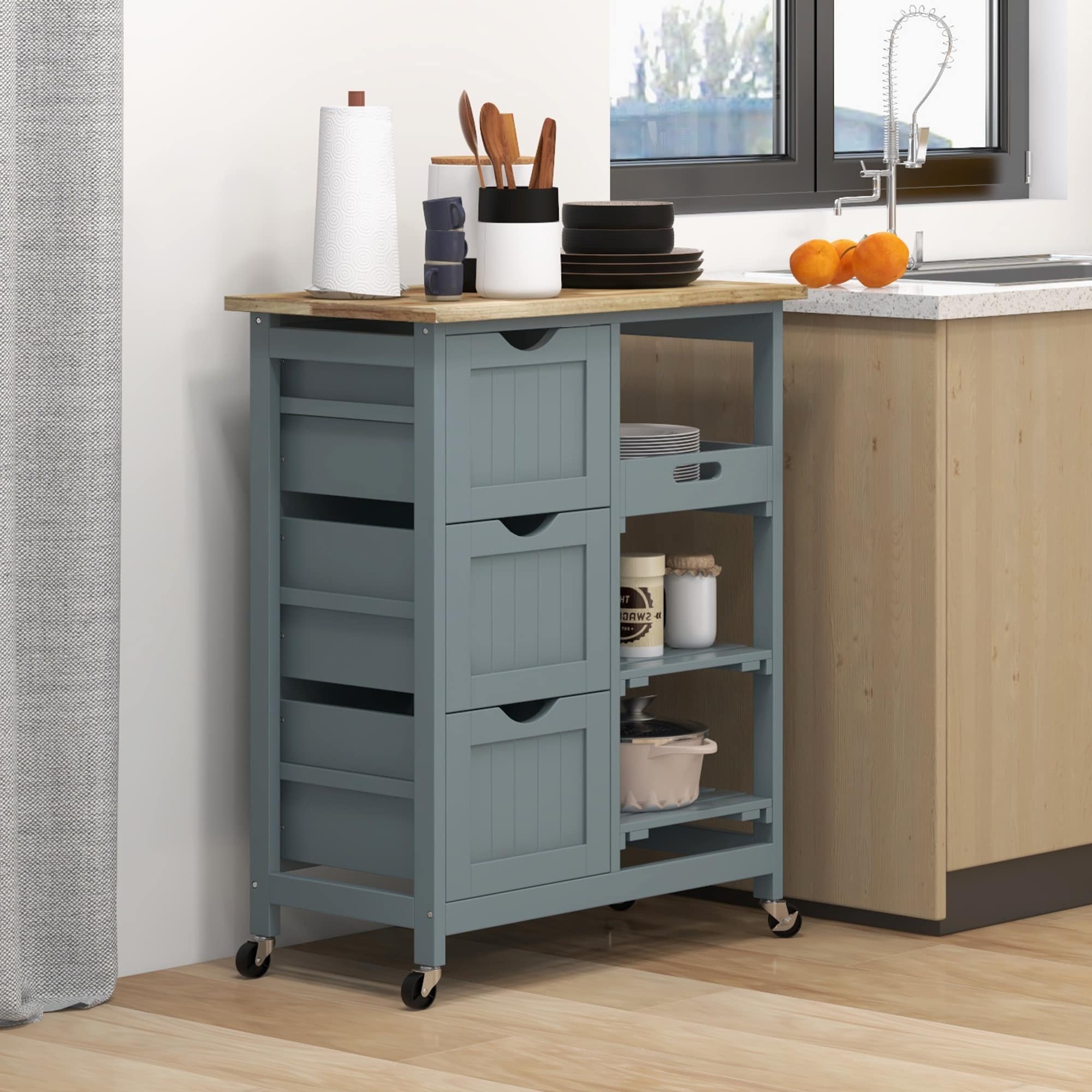 Dexmalle W2225P217385 Gray Rolling Kitchen Island Cart with Wood Top and  Open Storage