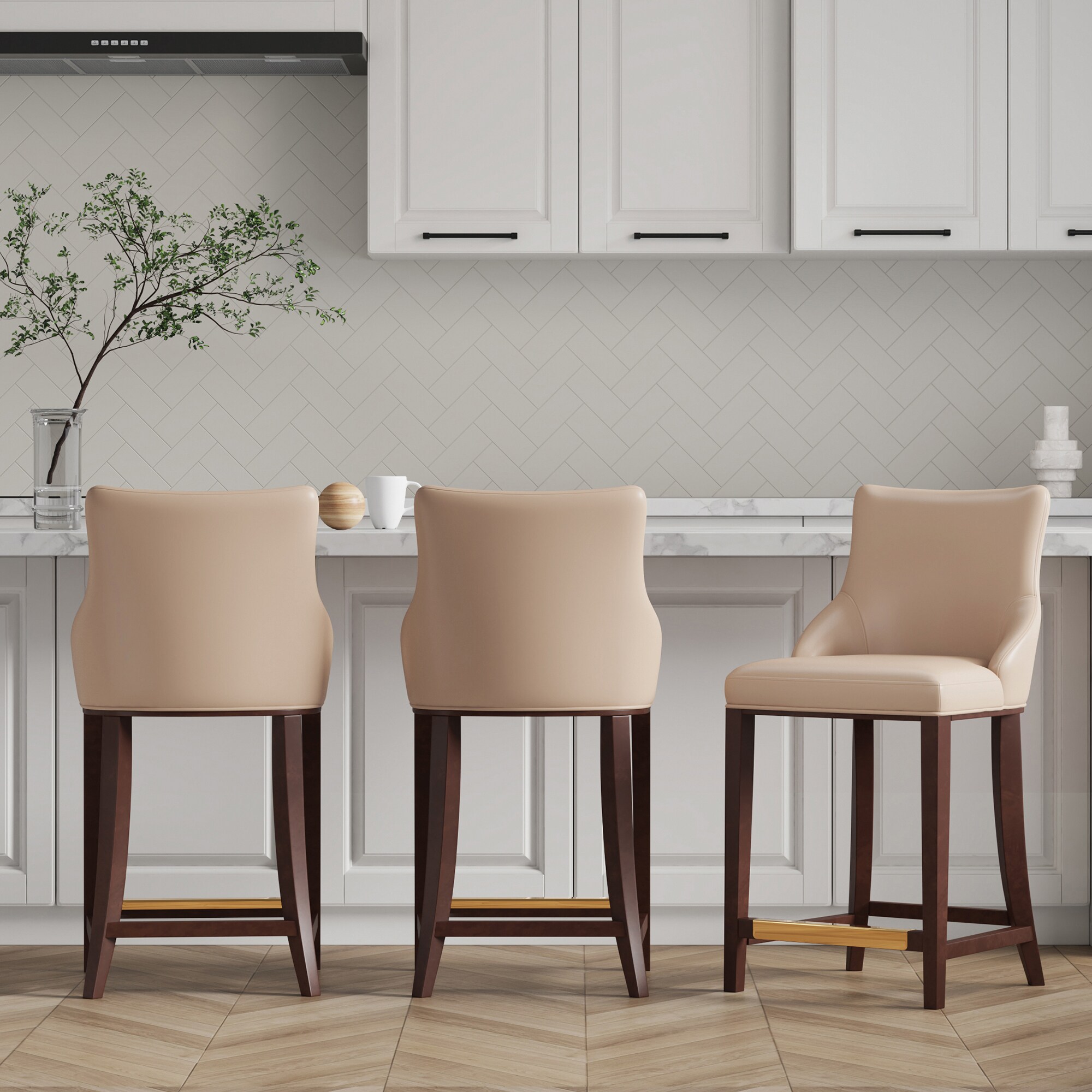 Manhattan Comfort 3-CS016-TN Set of 3 Tan 25.98-in H Counter height (24-in to 27-in) Square Seat Upholstered Wood Back Bar Stool Back