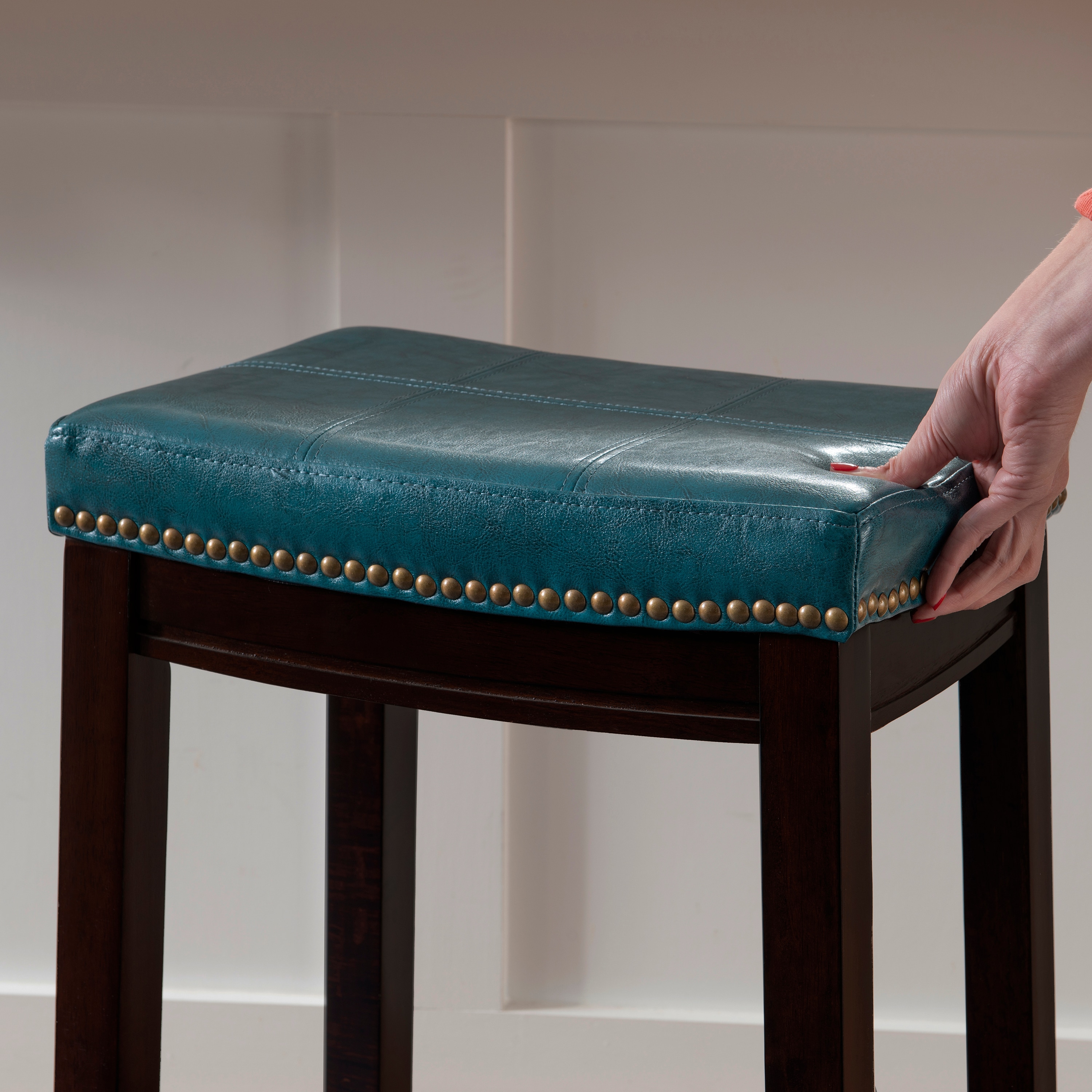 Claridge Dark Brown Wood and Blue Leather 26" Backless Counter Stool