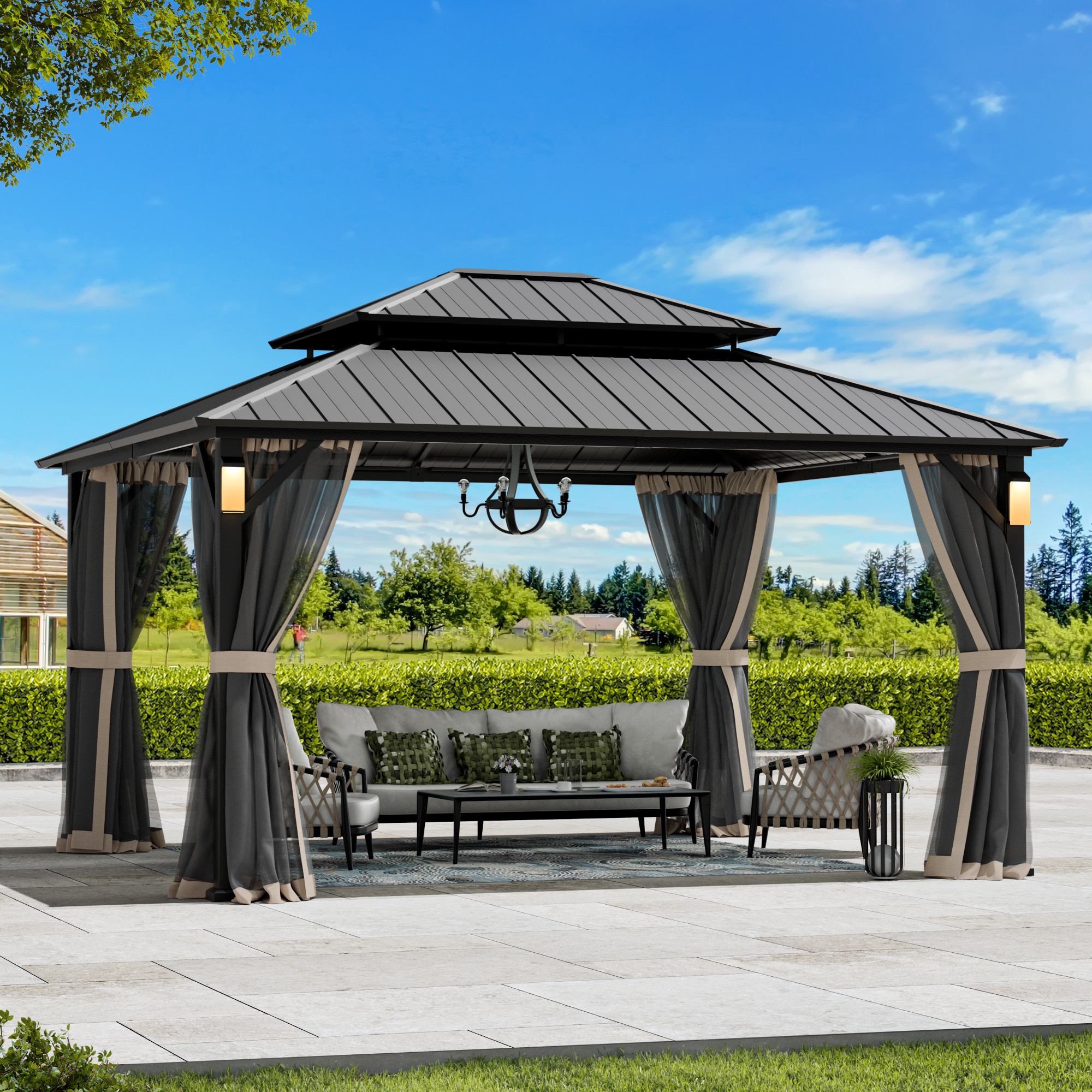 ELEVATE OUTDOORS IG10600148-1214 14-ft x 12-ft Solora Black Gazebo with Hardtop Roof (Screen Included)
