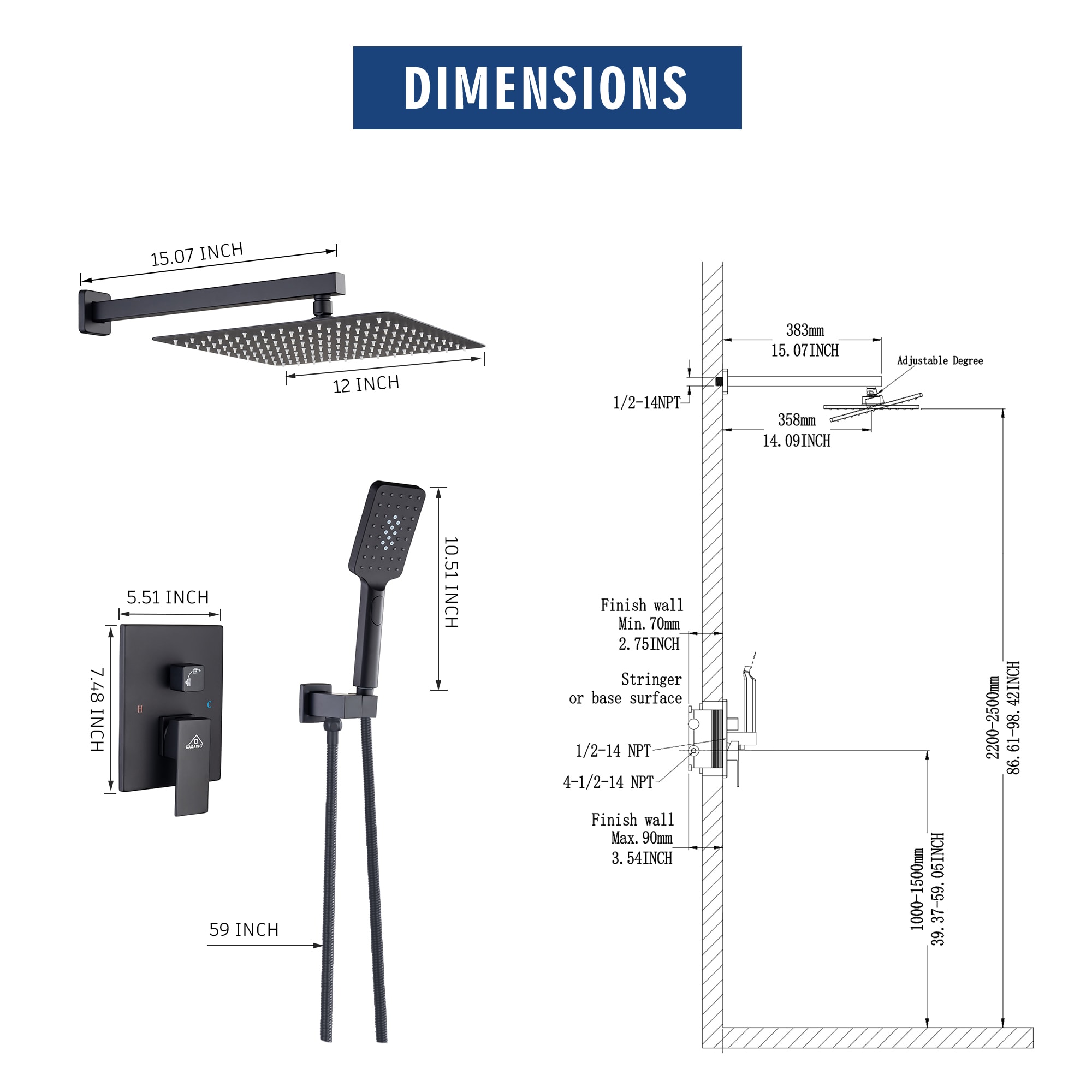 CASAINC OY-98B1202-BG Showerhead-Bar-Panels - View #3