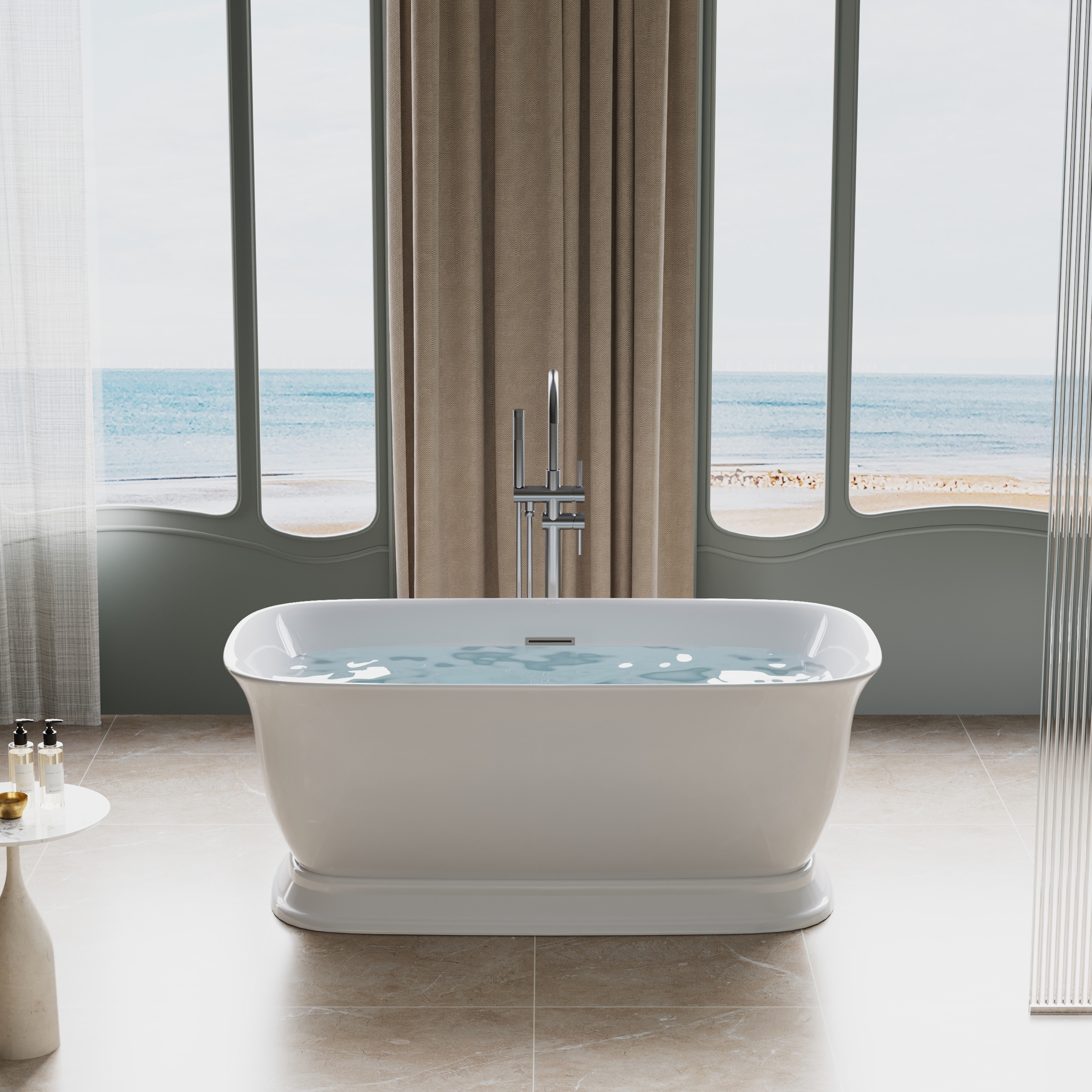 WELLFOR JO-P209967 BM Freestanding Bathtub 59-in x 31.5-in White Acrylic Oval Freestanding Soaking bathtub Drain ( Center Drain )