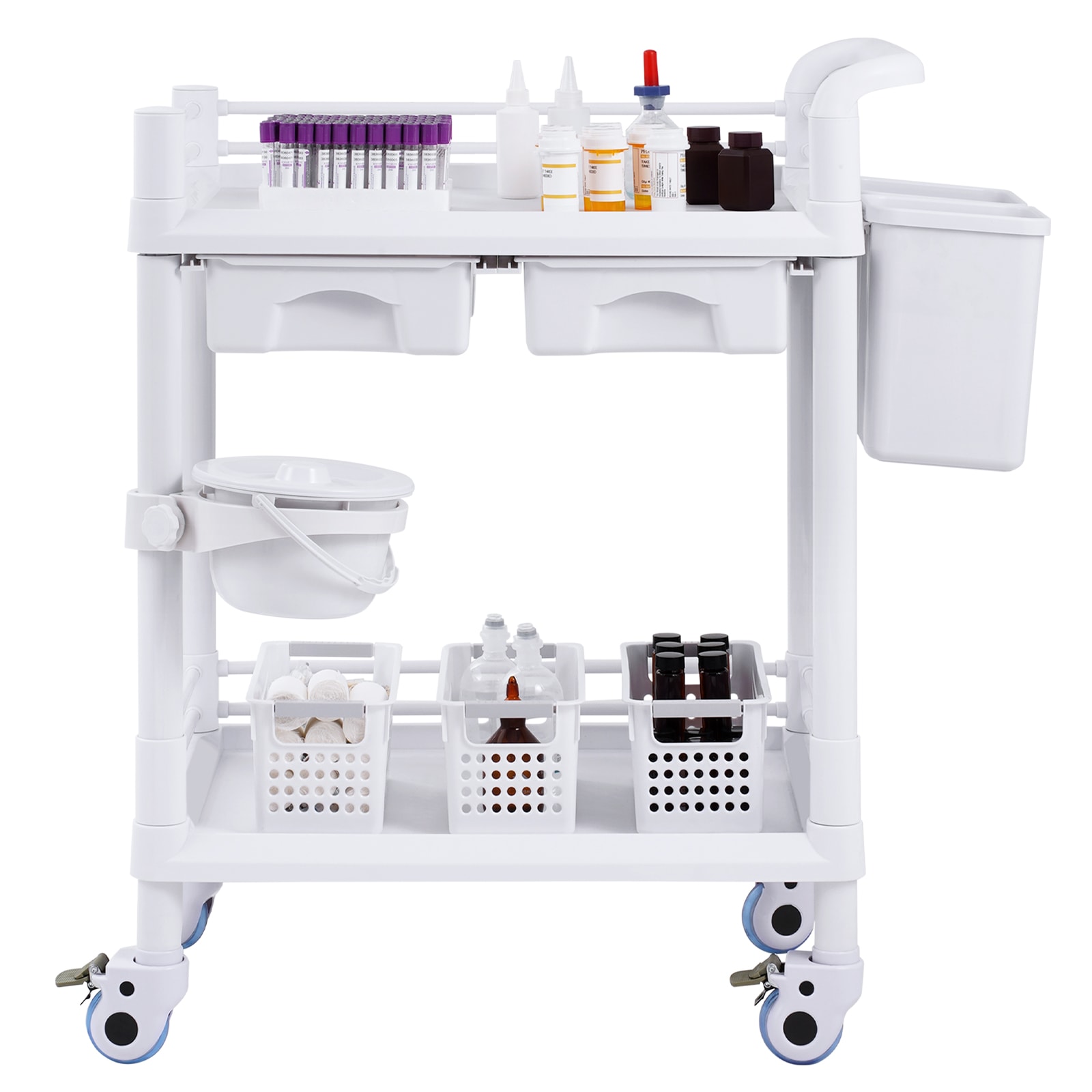 Mecale 2-Tier Lab Utility Cart with 2 Drawers and 4 Silent Wheels 110-lb Capacity Rolling Medical Cart White