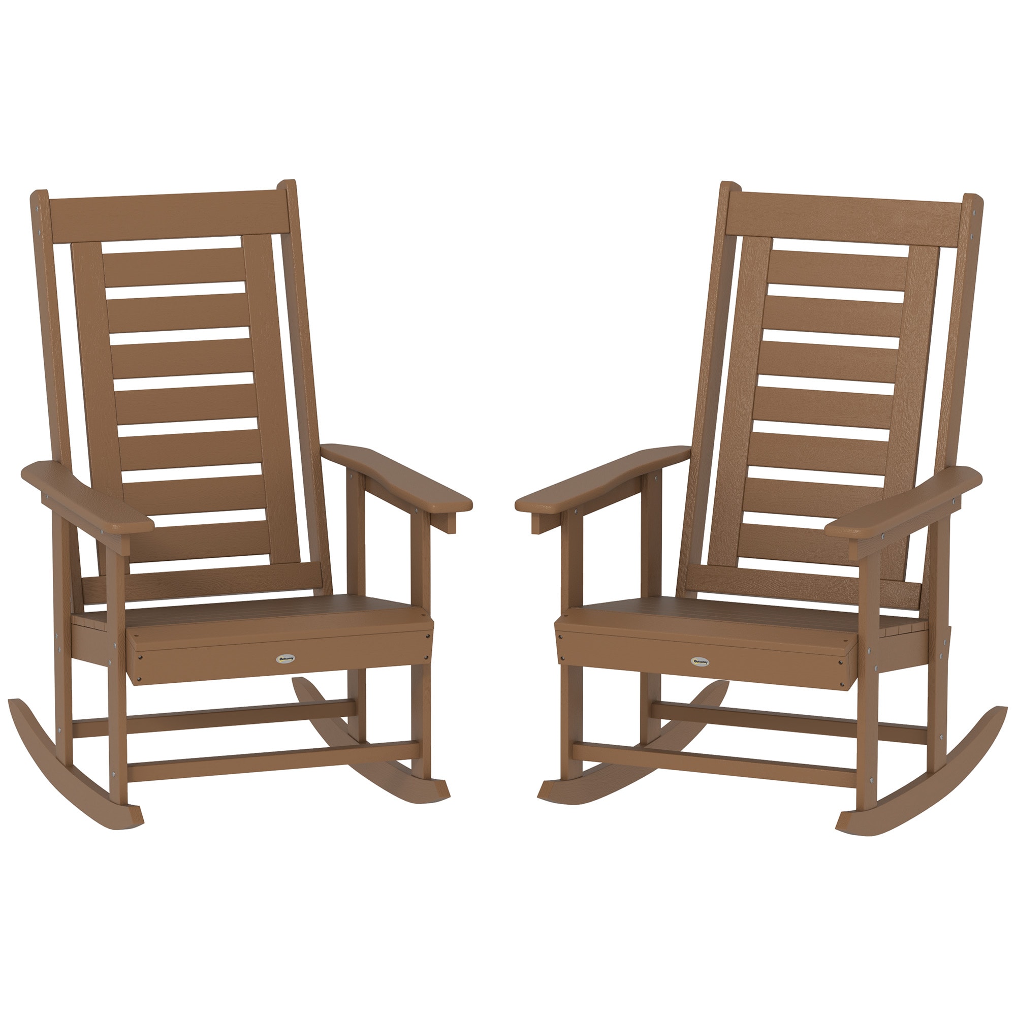 Outsunny 84G-736V00BN Outdoor Rocking Chairs Set of 2 HDPE Patio Rockers with 28in High Back Wide Armrests and Slatted Seat for Porch Backyard Balcony Brown