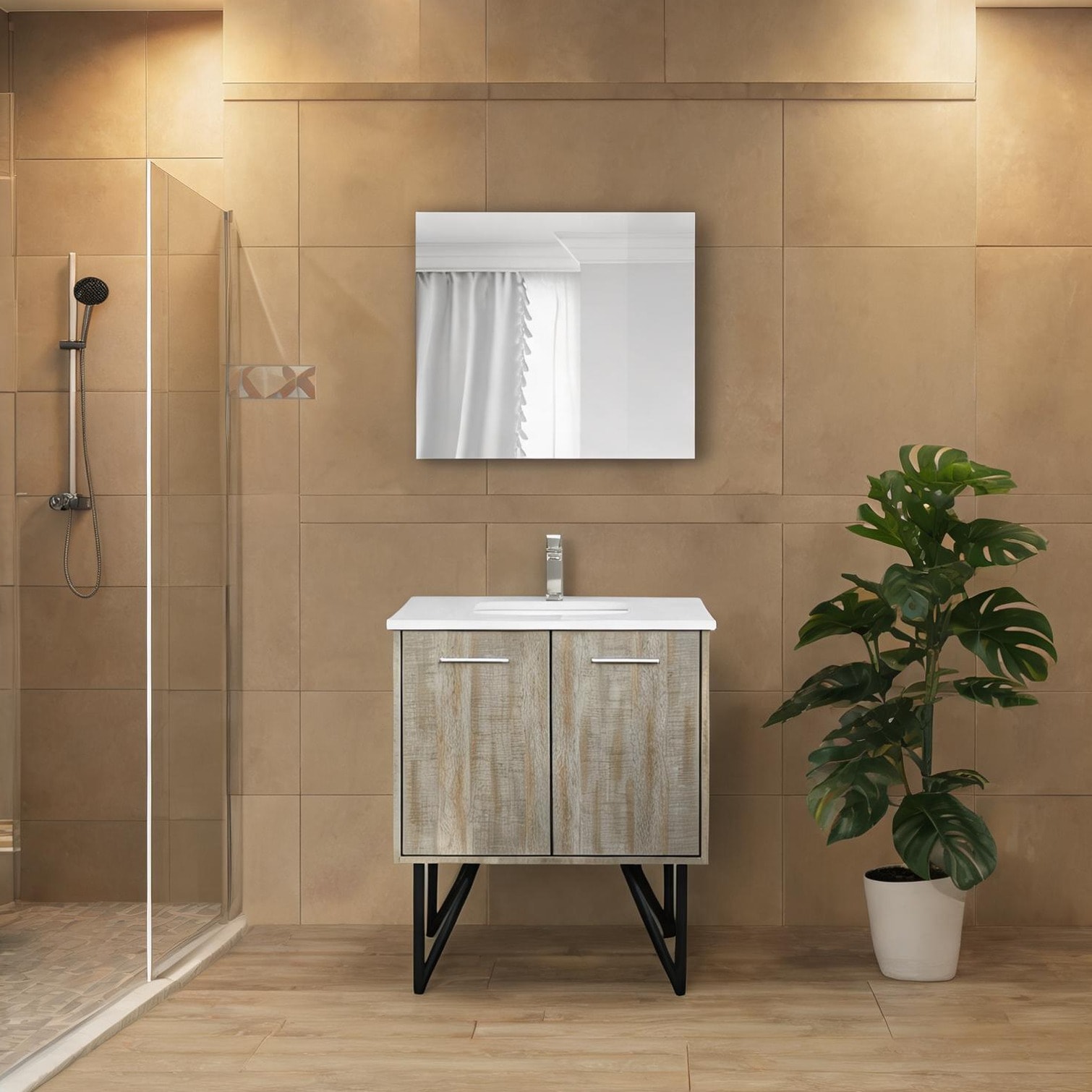 SunJet Acacia wood bathroom vanity with white marble top single basin rustic style 30-inch