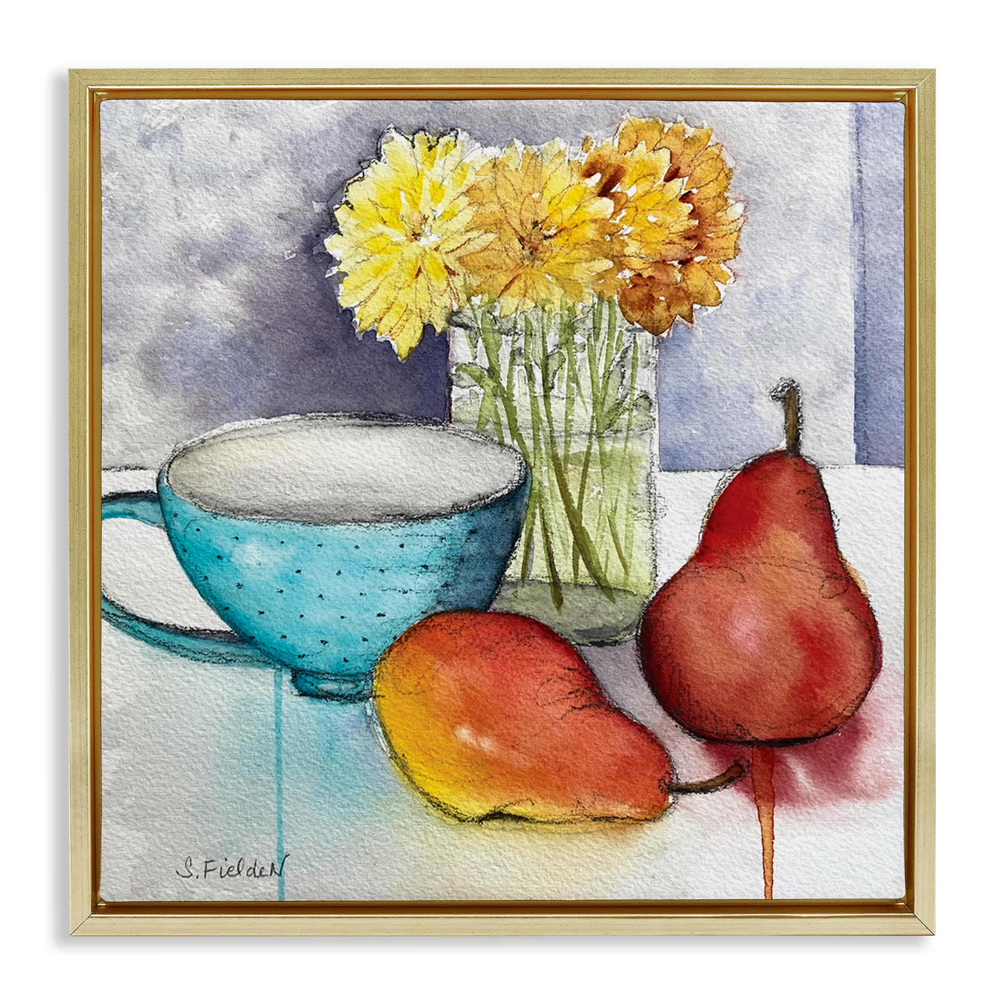 Stupell Industries BS-581-FFG-24X24 Modern Kitchen Teacup and Fruit Gold Framed Floater Canvas Wall Art By Stephanie Fielden 25 x 25