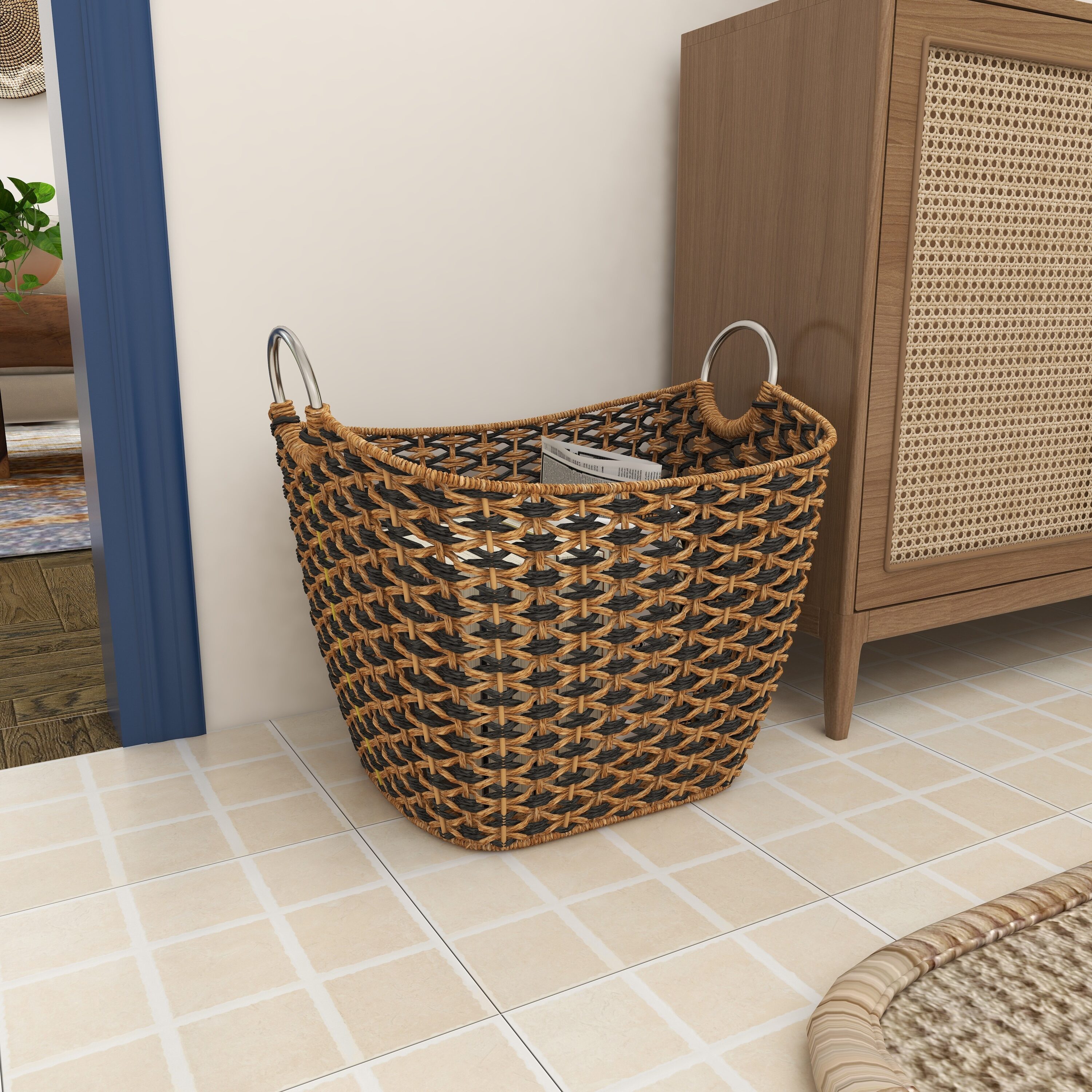 Round Seagrass 20.65" Storage Basket with Steel Handles