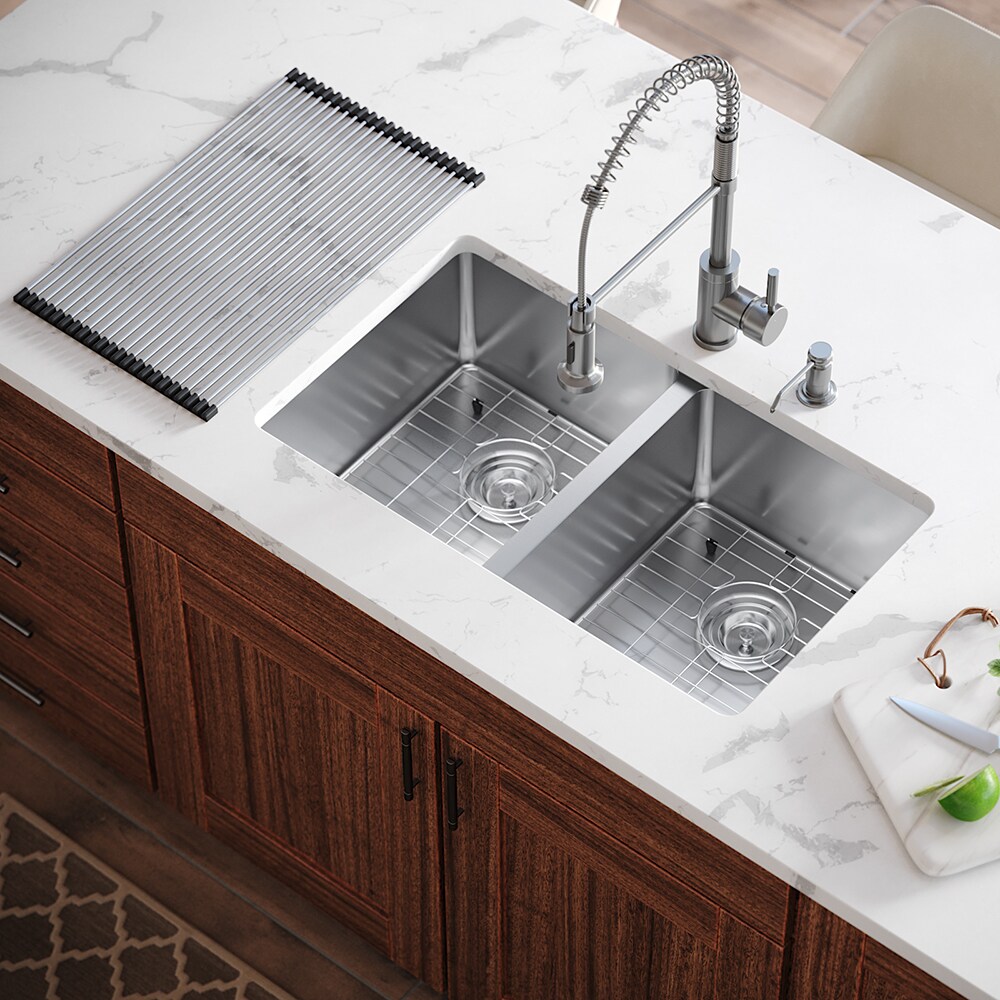 MR Direct 3120D-16-766-BN-ENS Undermount 31-Inches x 18-Inches Brushed satin Stainless steel Double equal bowl 16 -Gauge Kitchen Sink All-in-One Kit