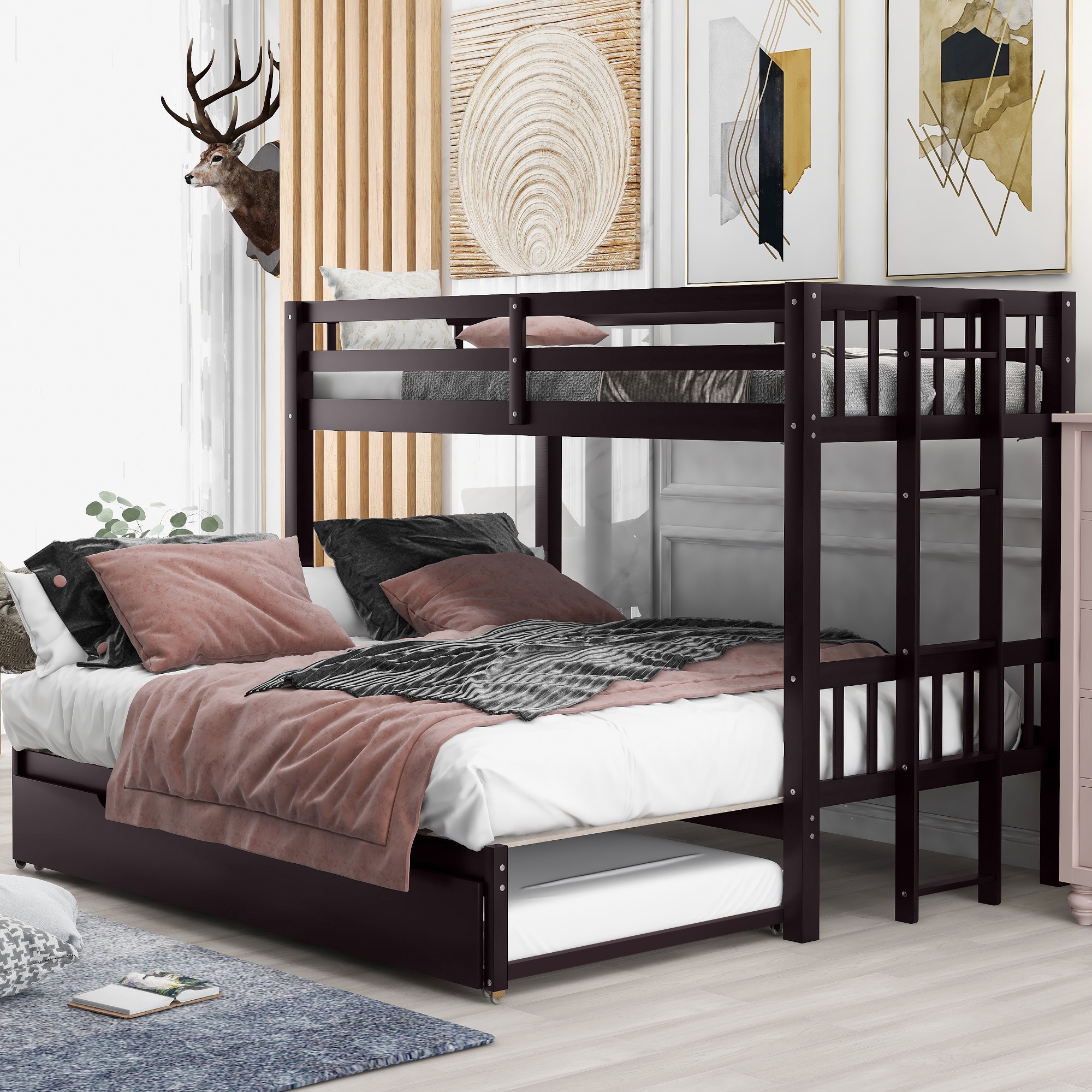 ModernLuxe GX000301AAP Twin over Pullout Bunk Bed with Trundle Espresso