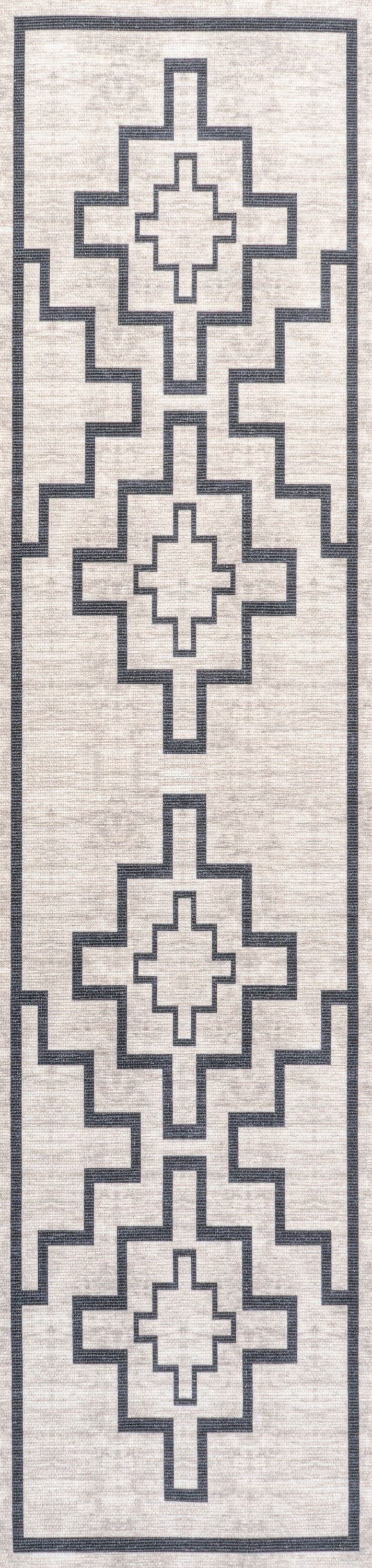 Ivory and Dark Gray Geometric Synthetic 2x8 Runner Rug