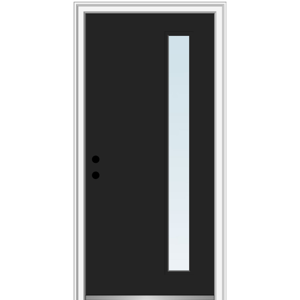 MMI DOOR ZZ348633R 32-in x 80-in x 6-9/16-in Fiberglass Pulse lite Right-hand inswing Black Painted Prehung Front Door with Brickmould Insulating core