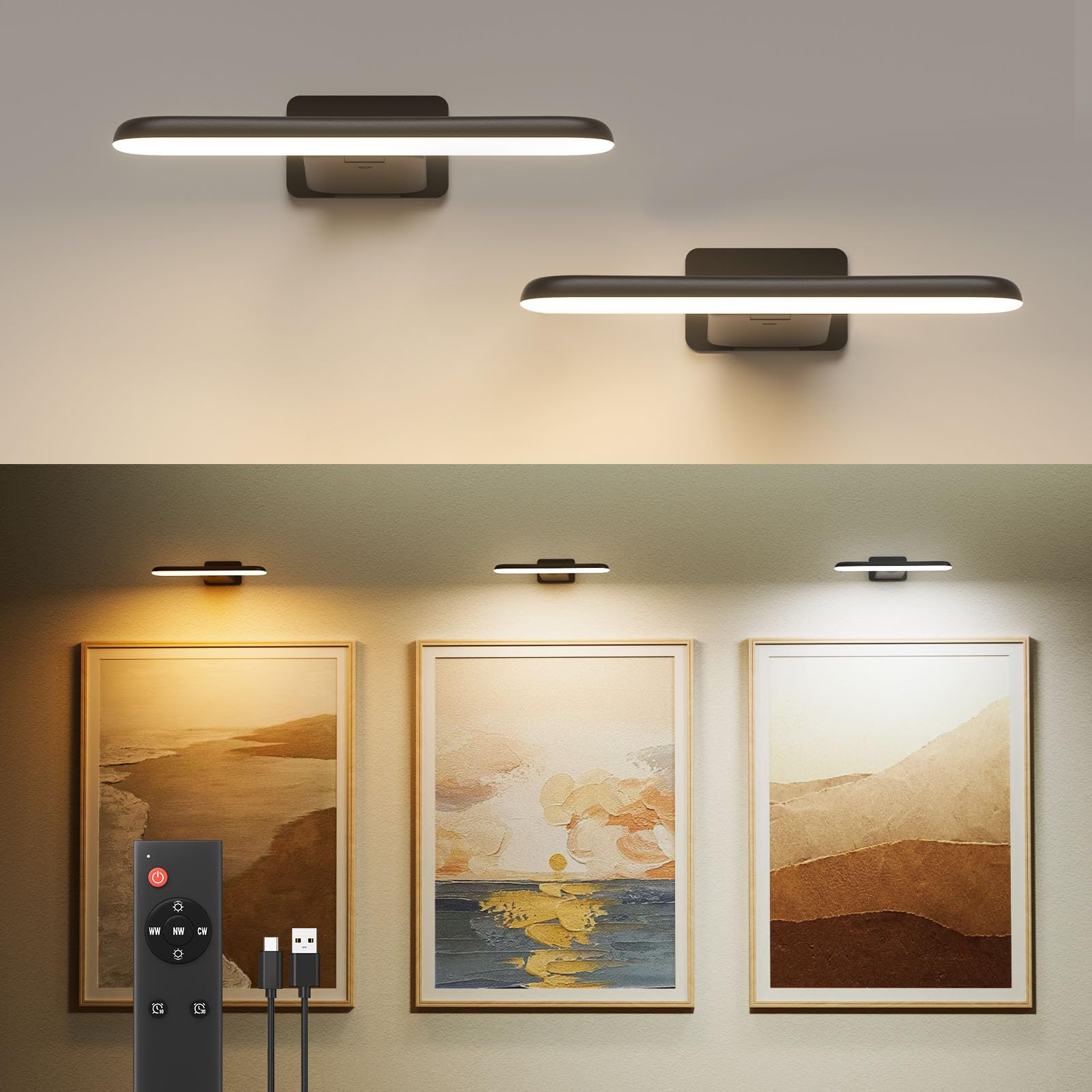 Oyezvary  2 Pack LED Picture Lights for Wall Remote Controlled Art Lighting Cordless No Drill Black Accent for Gallery Frame Dartboard