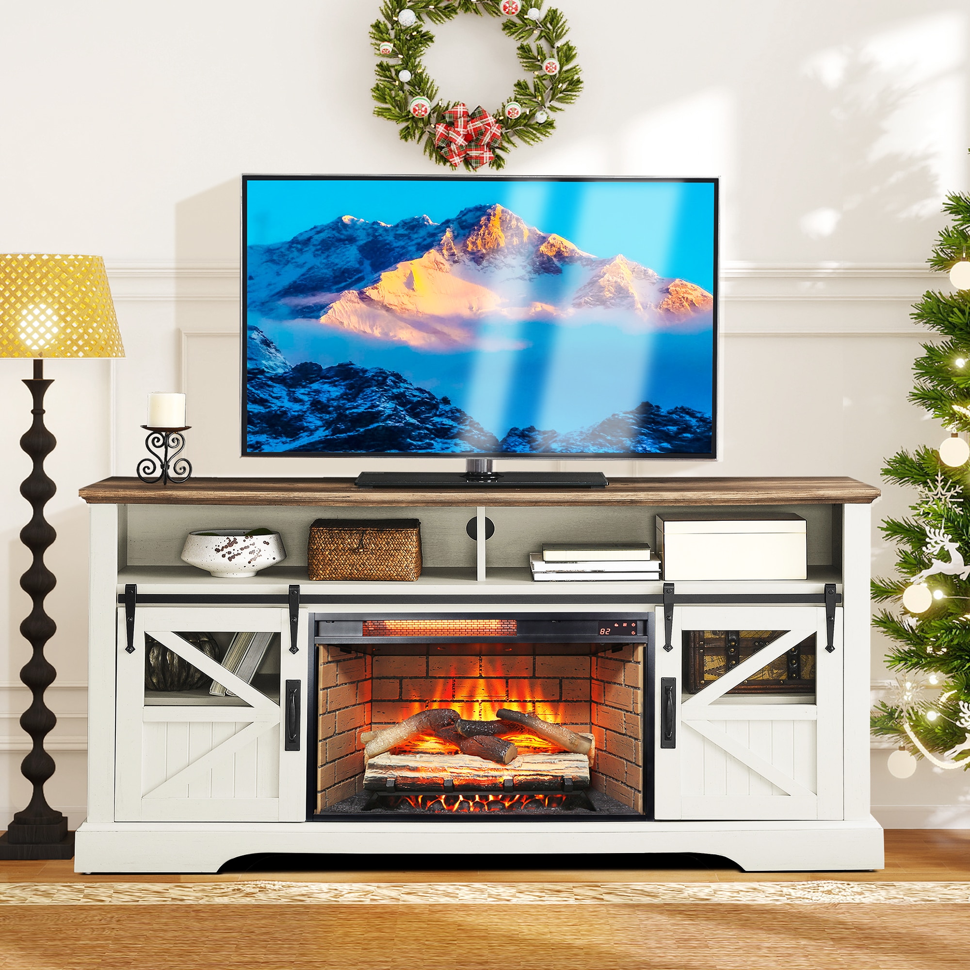 ToolCat MGG3-36-CEMFP 60-in W Jasmine White TV Stand with Infrared quartz Corner or flat wall Electric Fireplace with Remote Control Included