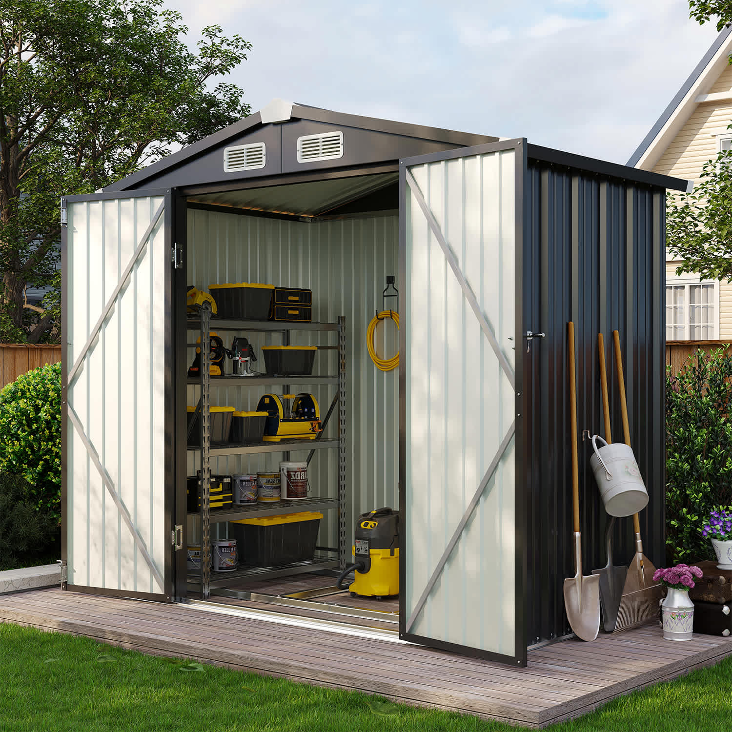 Sunmthink MSD0604-0712BK 6x4FT Outdoor Storage Shed Metal Garden Tool Shed with Sloping Roof Lockable Door for Patio Lawn Backyard Black with Floor Base