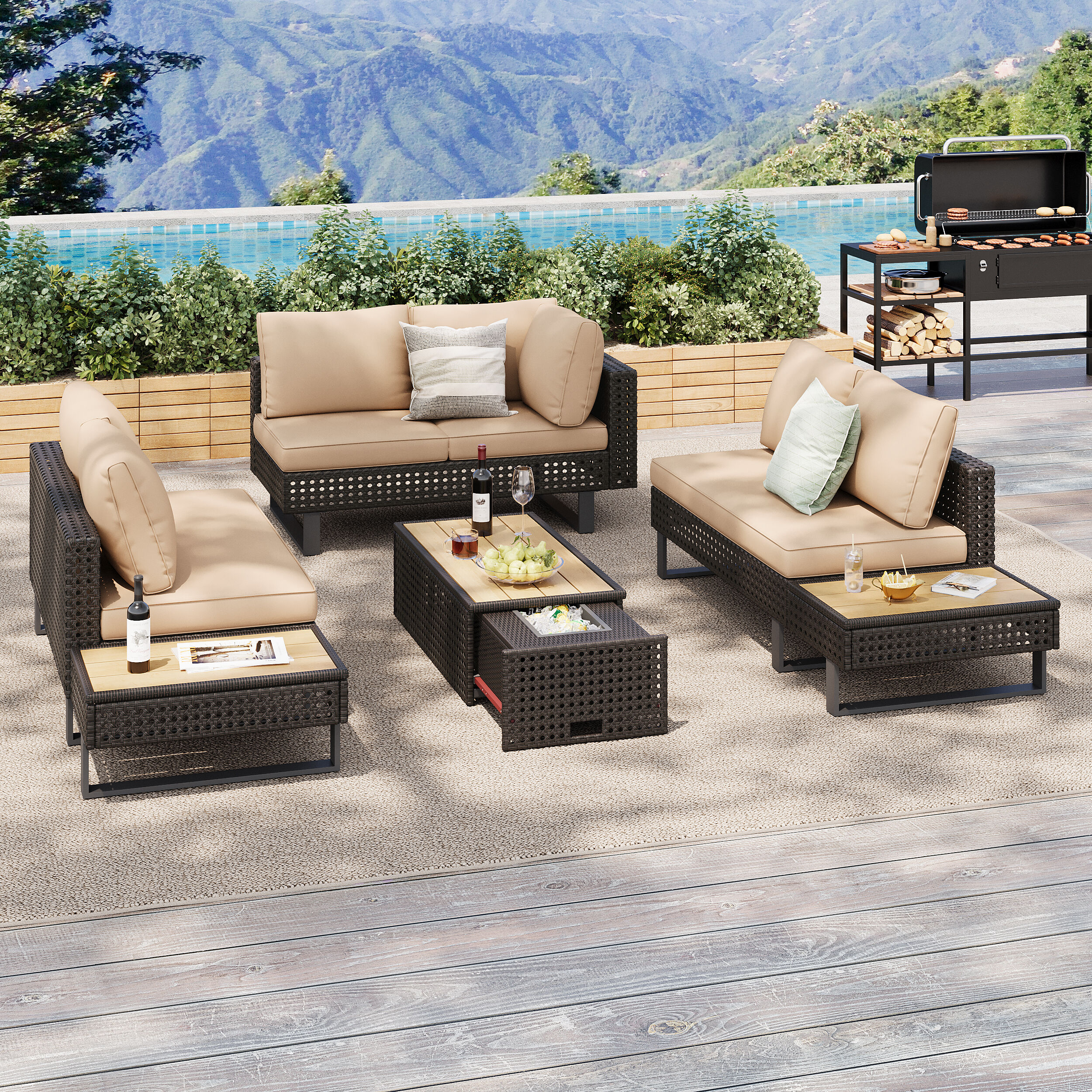 ModernLuxe L-N707S000013K 6-Pers Diamond Weave Patio Sectional Furniture Set 4 -Piece Rattan Patio Conversation Set with Yellow / Cushions